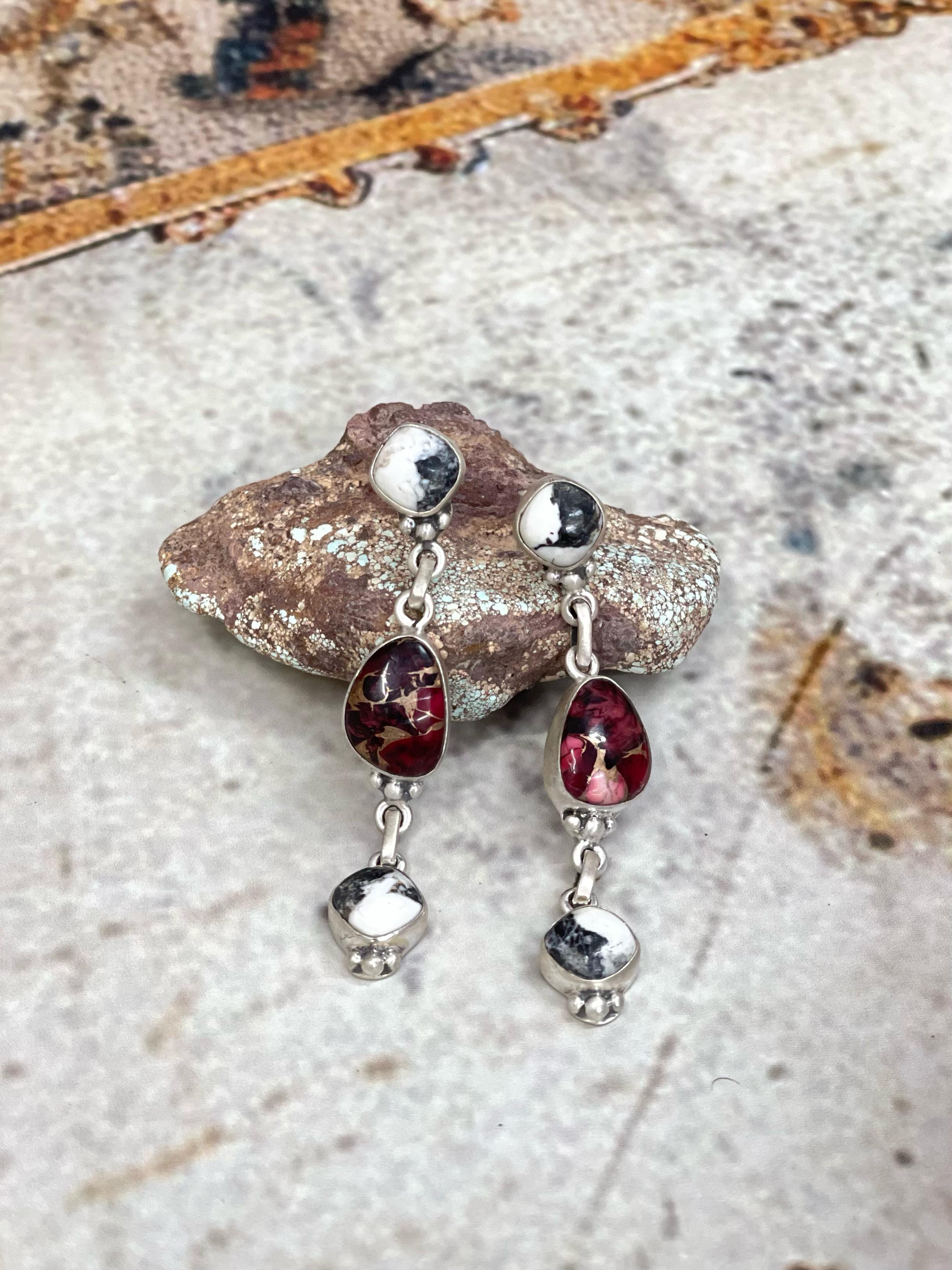 Handmade Sterling Silver Dahlia Rose with White Buffalo Turquoise Dangles Earring with Signed Nizhoni