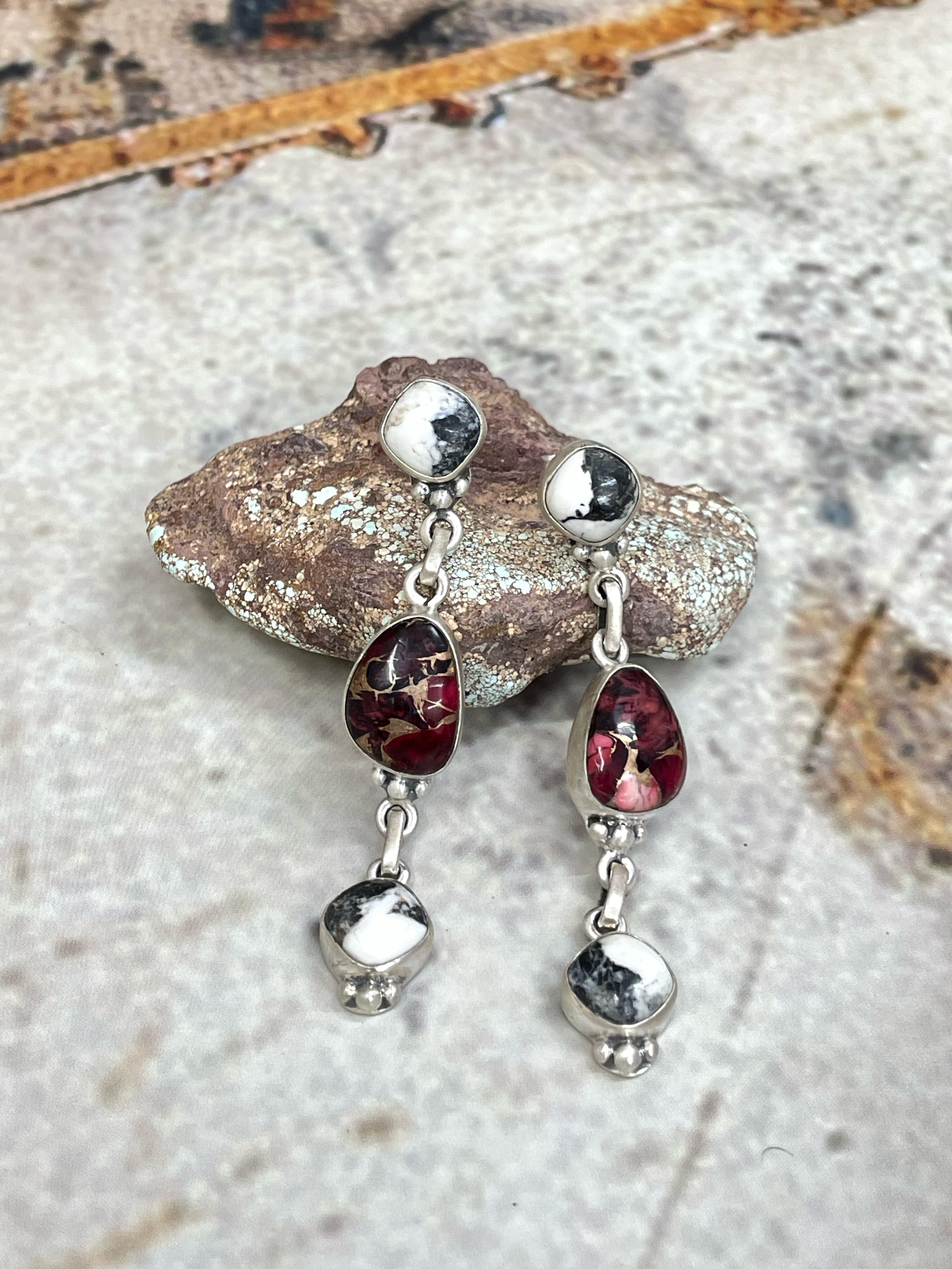 Handmade Sterling Silver Dahlia Rose with White Buffalo Turquoise Dangles Earring with Signed Nizhoni