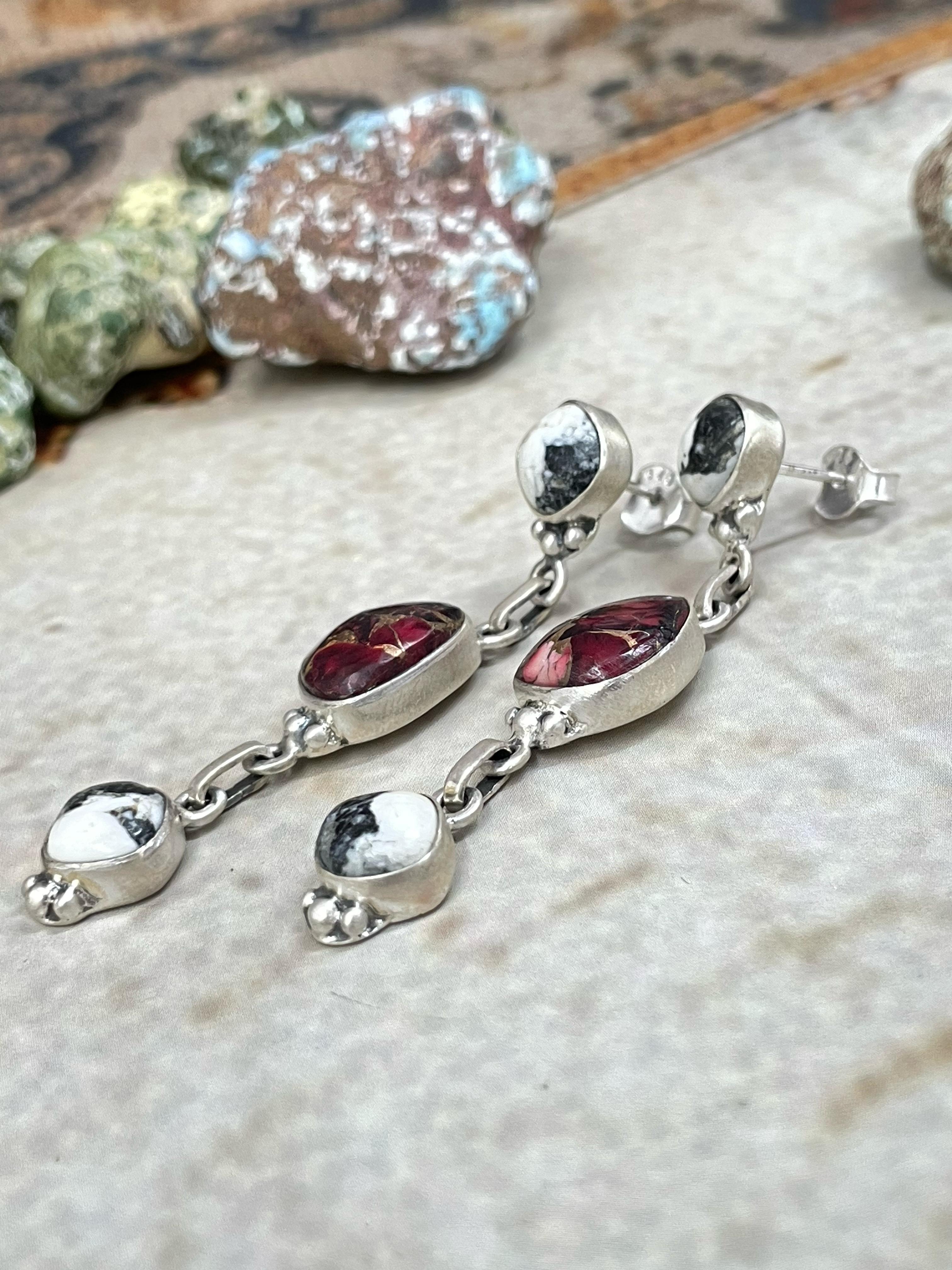 Handmade Sterling Silver Dahlia Rose with White Buffalo Turquoise Dangles Earring with Signed Nizhoni