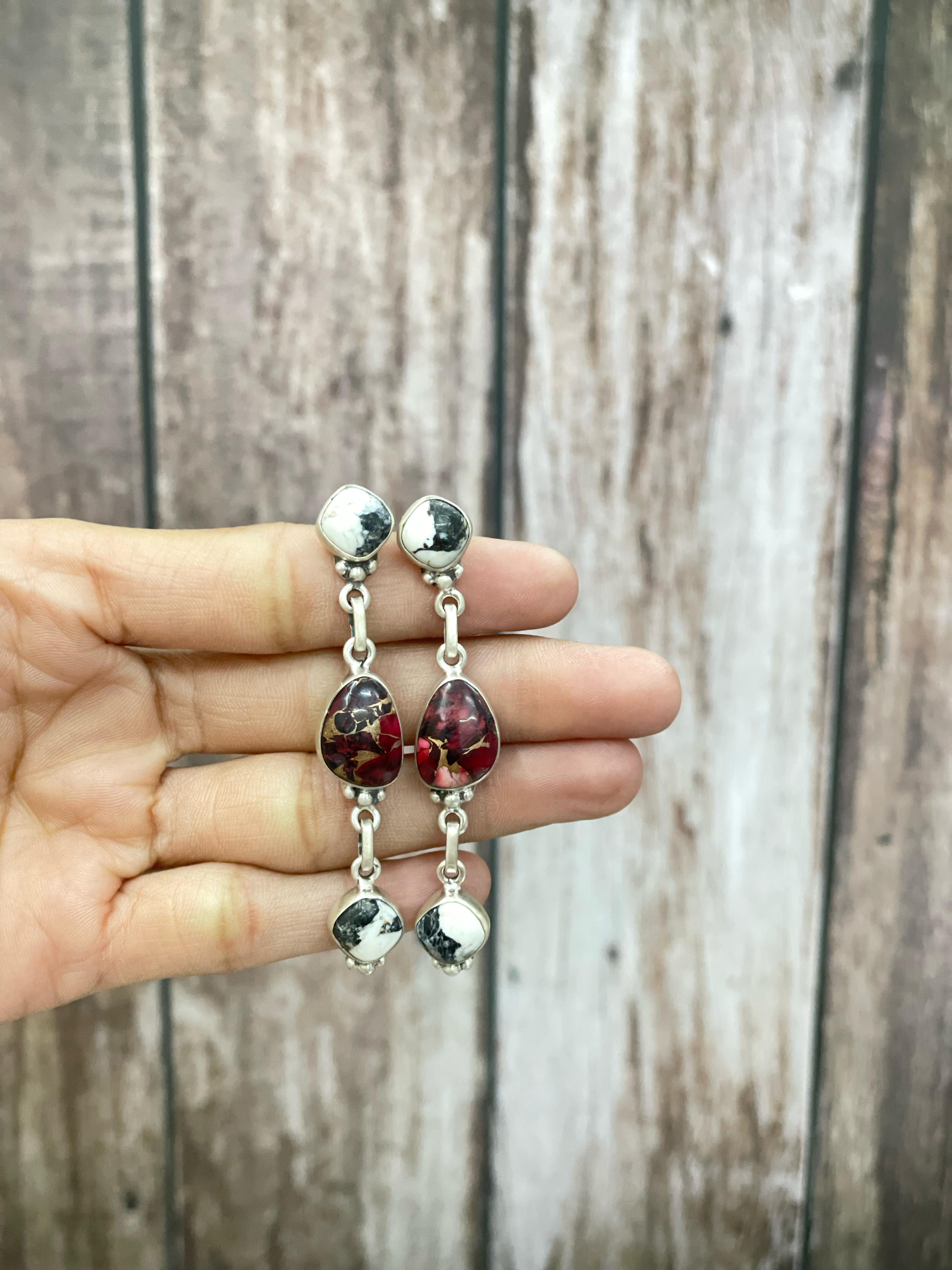 Handmade Sterling Silver Dahlia Rose with White Buffalo Turquoise Dangles Earring with Signed Nizhoni