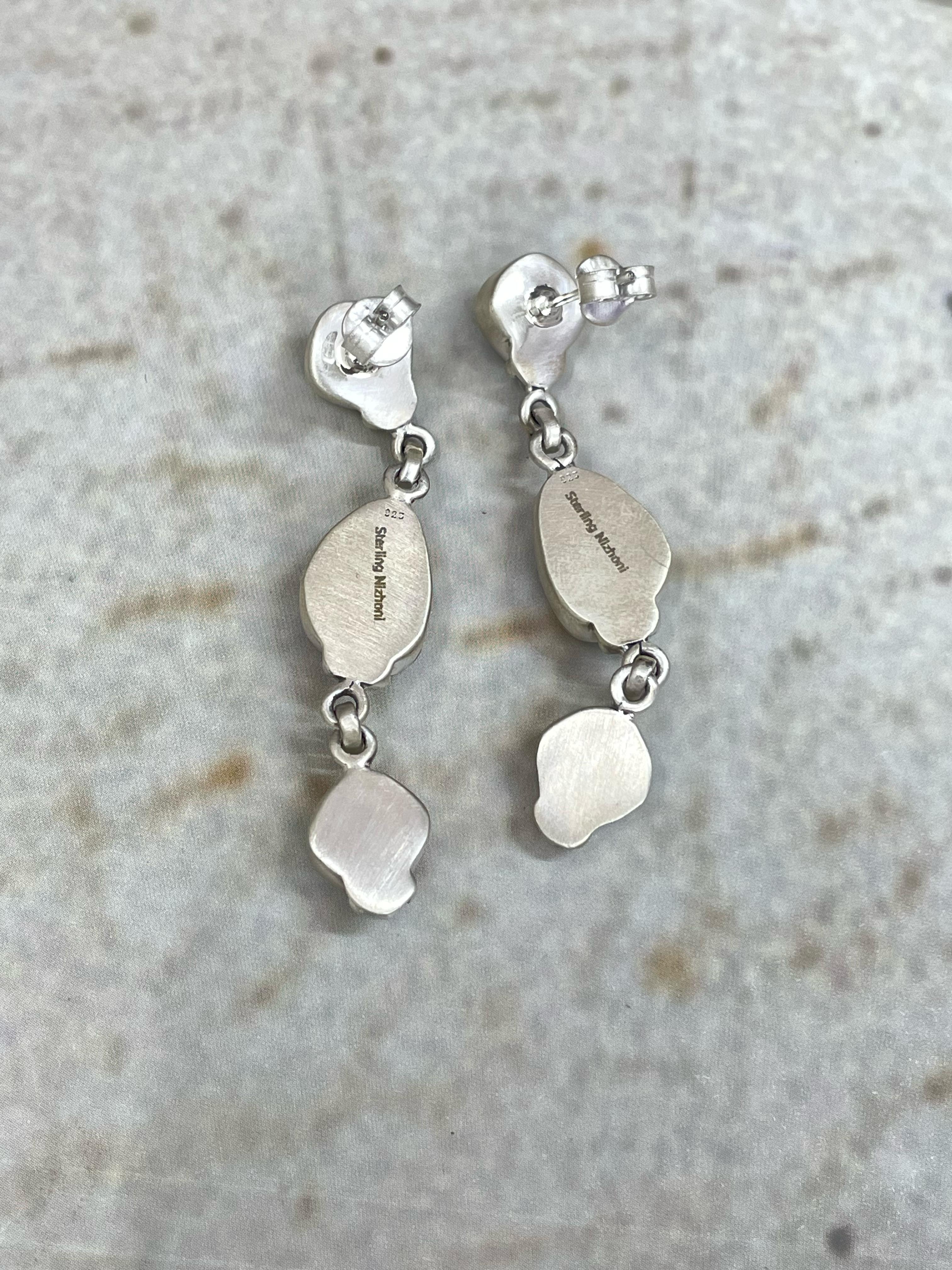 Handmade Sterling Silver Dahlia Rose with White Buffalo Turquoise Dangles Earring with Signed Nizhoni