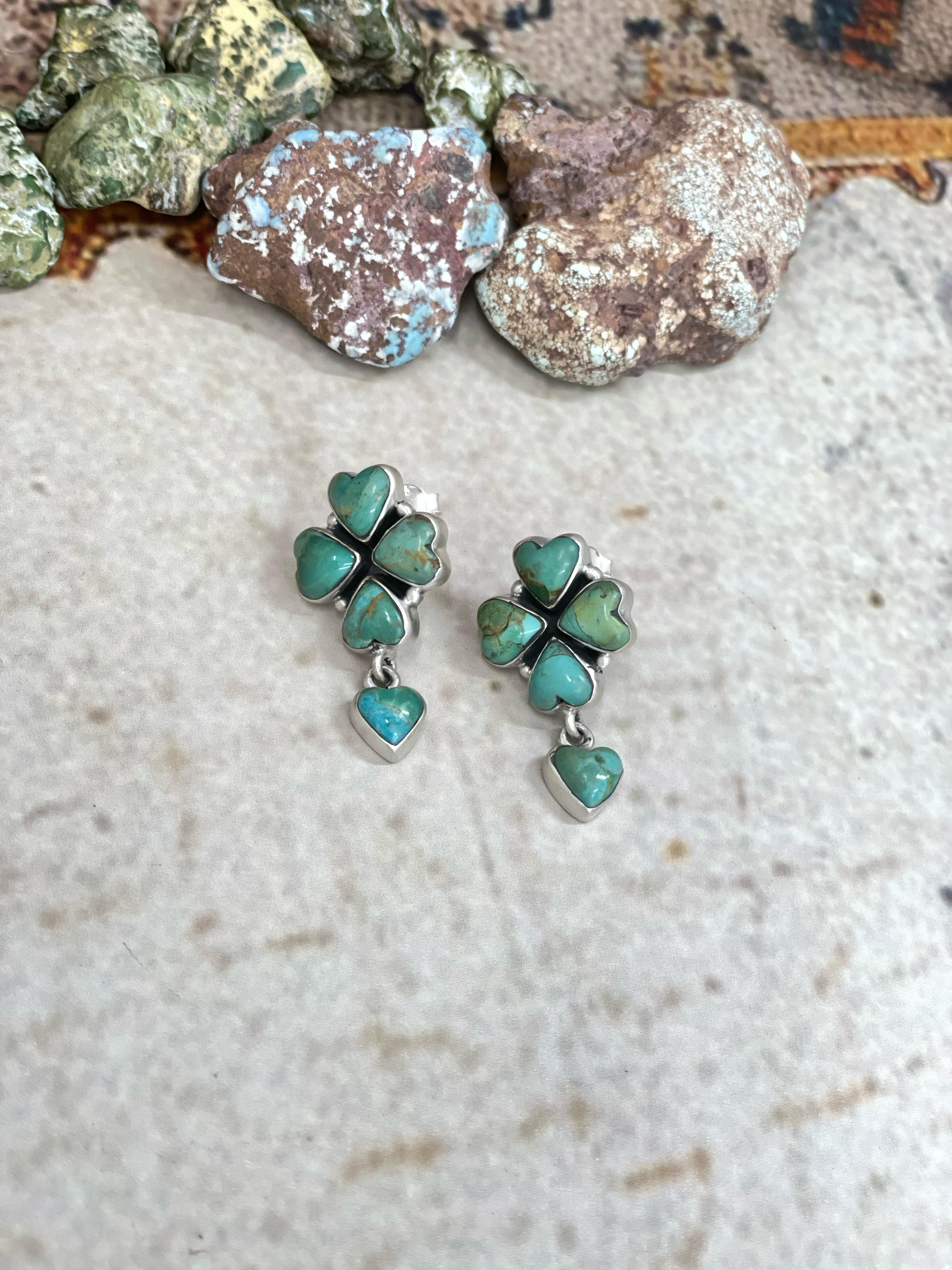 Handmade Sterling Silver Kingman Turquoise Dangle Earrings with Signed Nizhoni