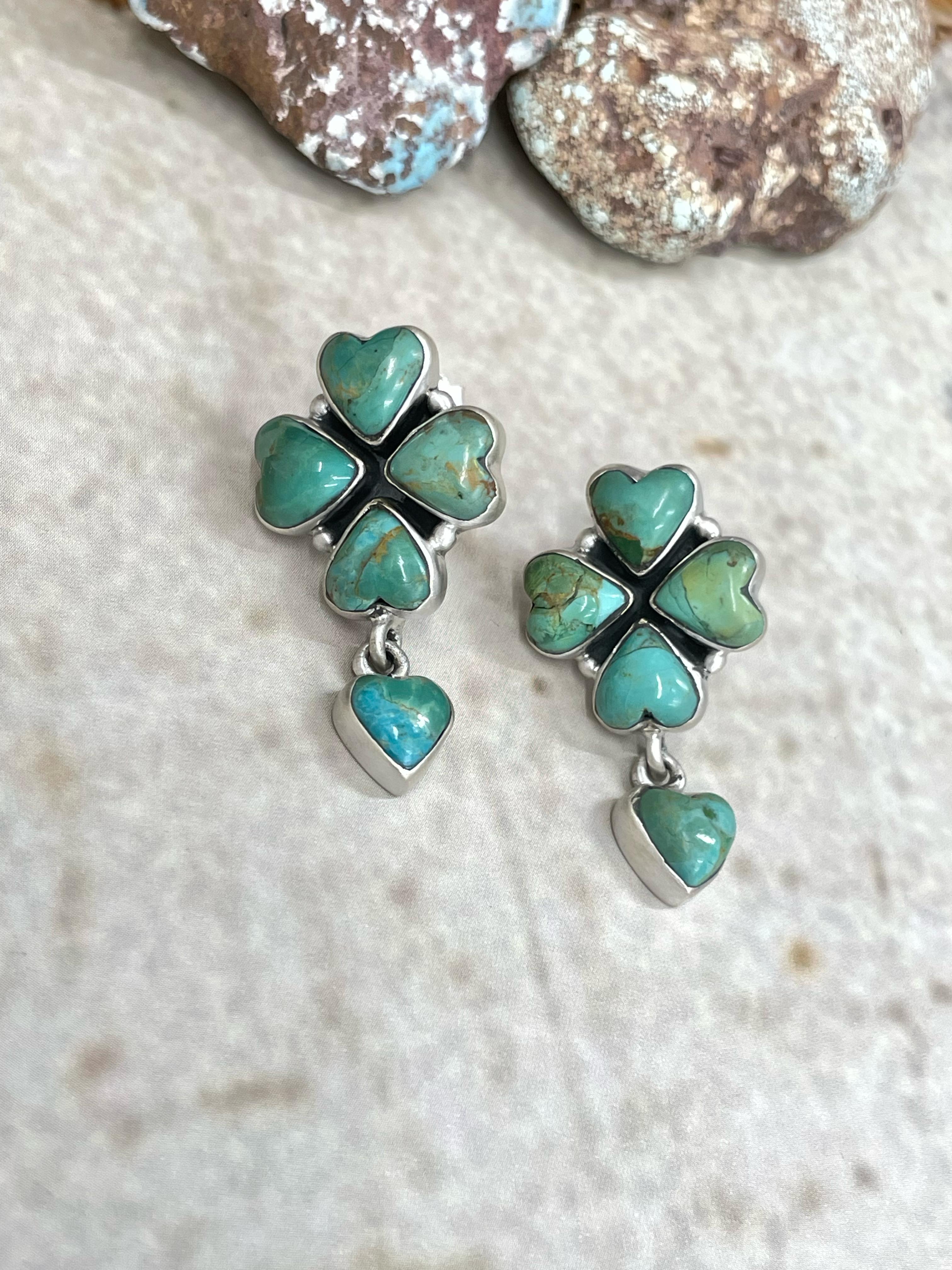 Handmade Sterling Silver Kingman Turquoise Dangle Earrings with Signed Nizhoni