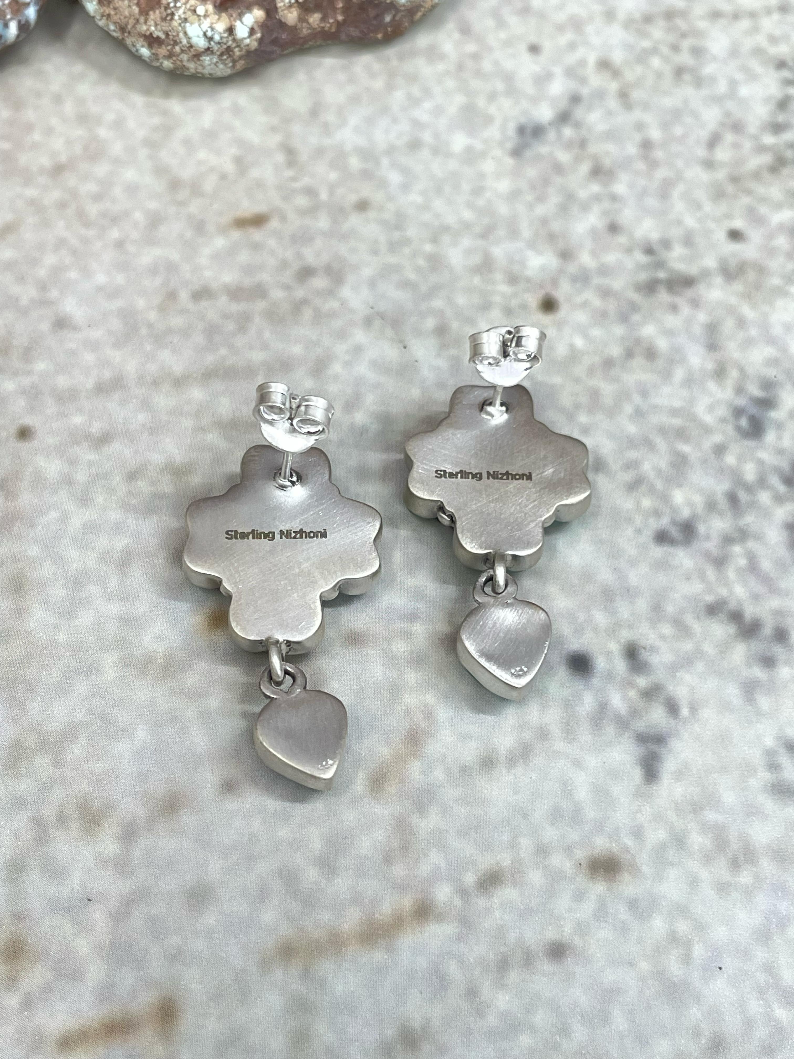 Handmade Sterling Silver Kingman Turquoise Dangle Earrings with Signed Nizhoni
