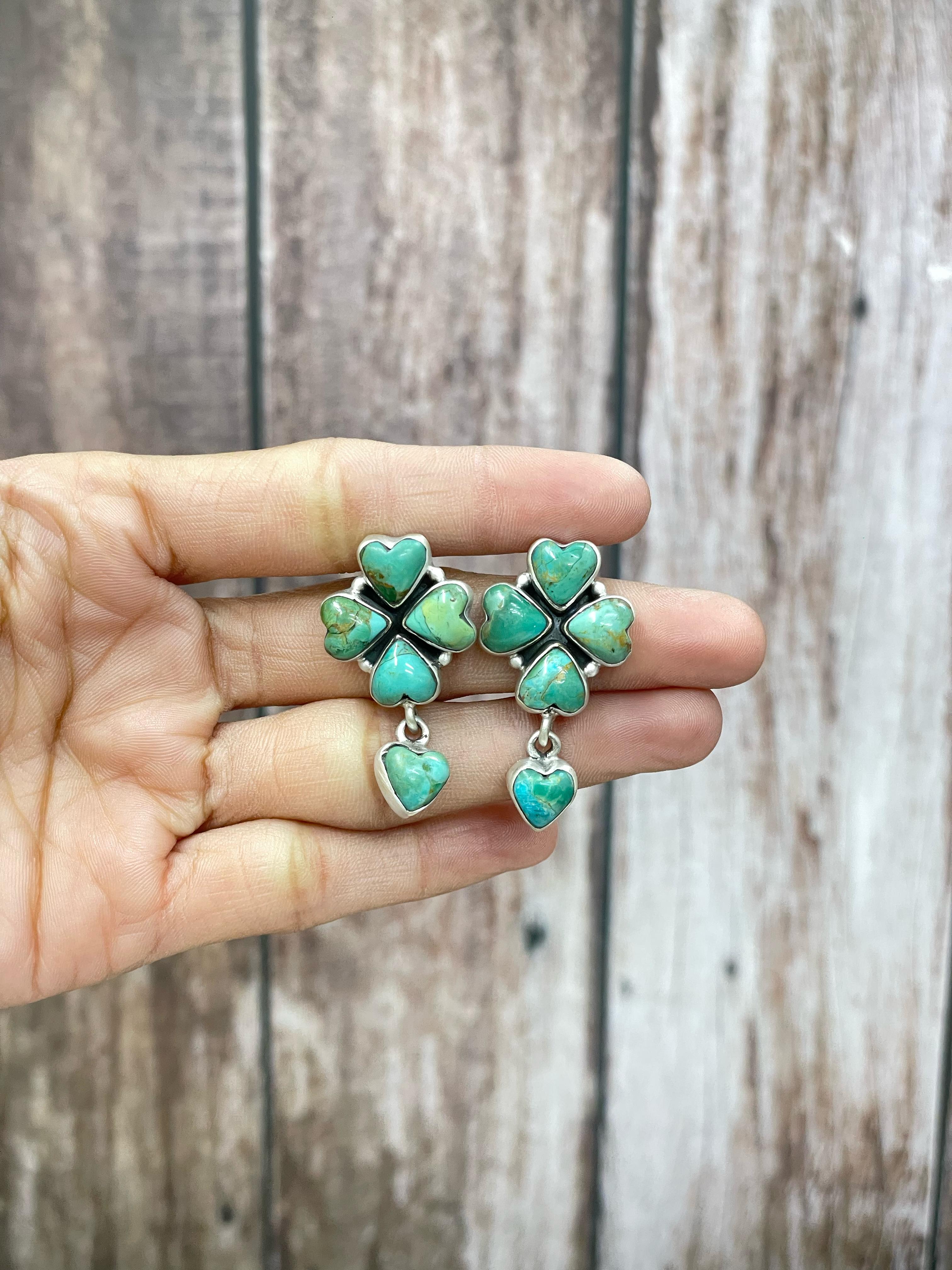 Handmade Sterling Silver Kingman Turquoise Dangle Earrings with Signed Nizhoni