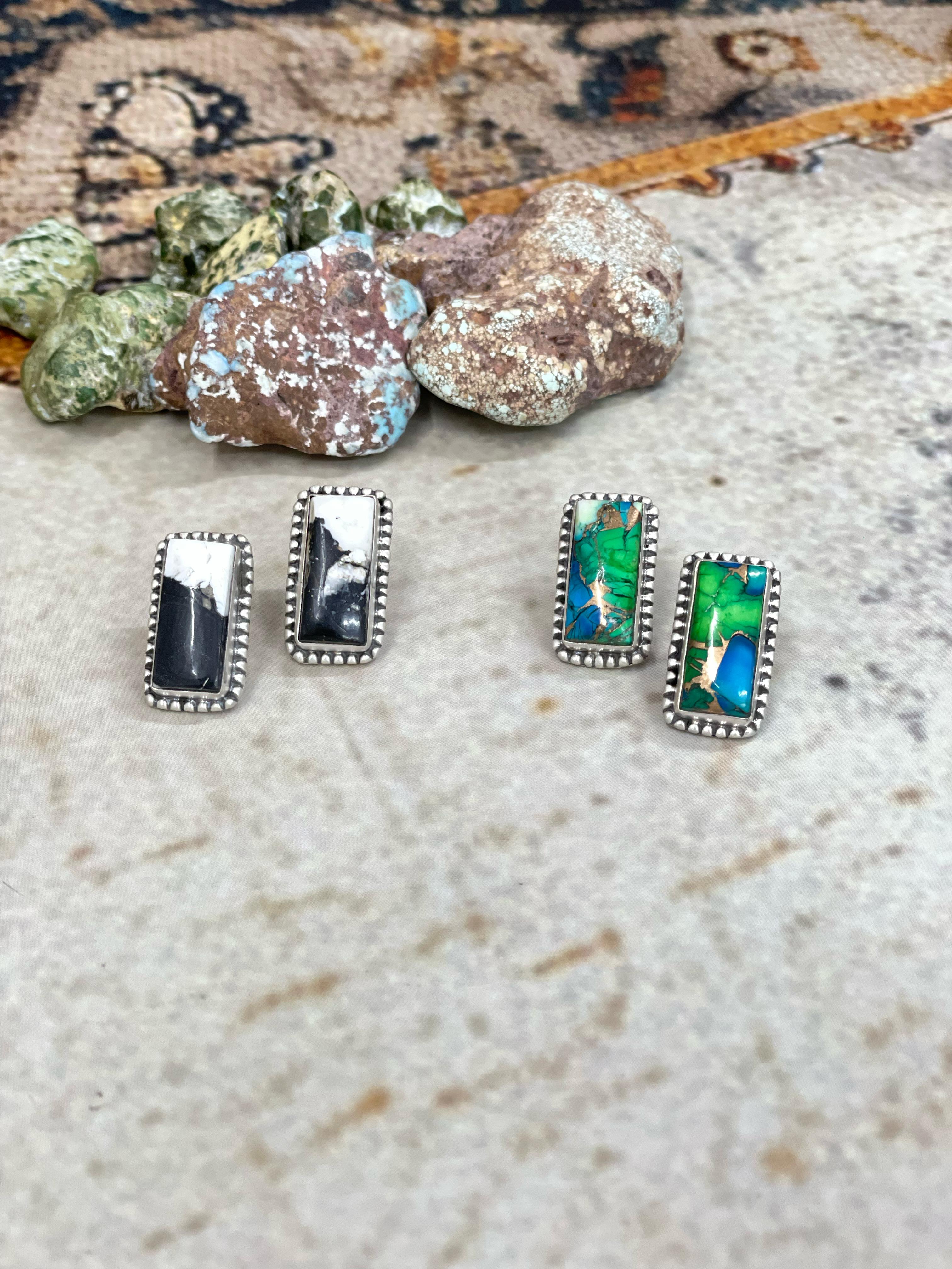 Handmade Sterling Silver White Buffalo, Peacock Dahlia Post Earrings with Signed Nizhoni