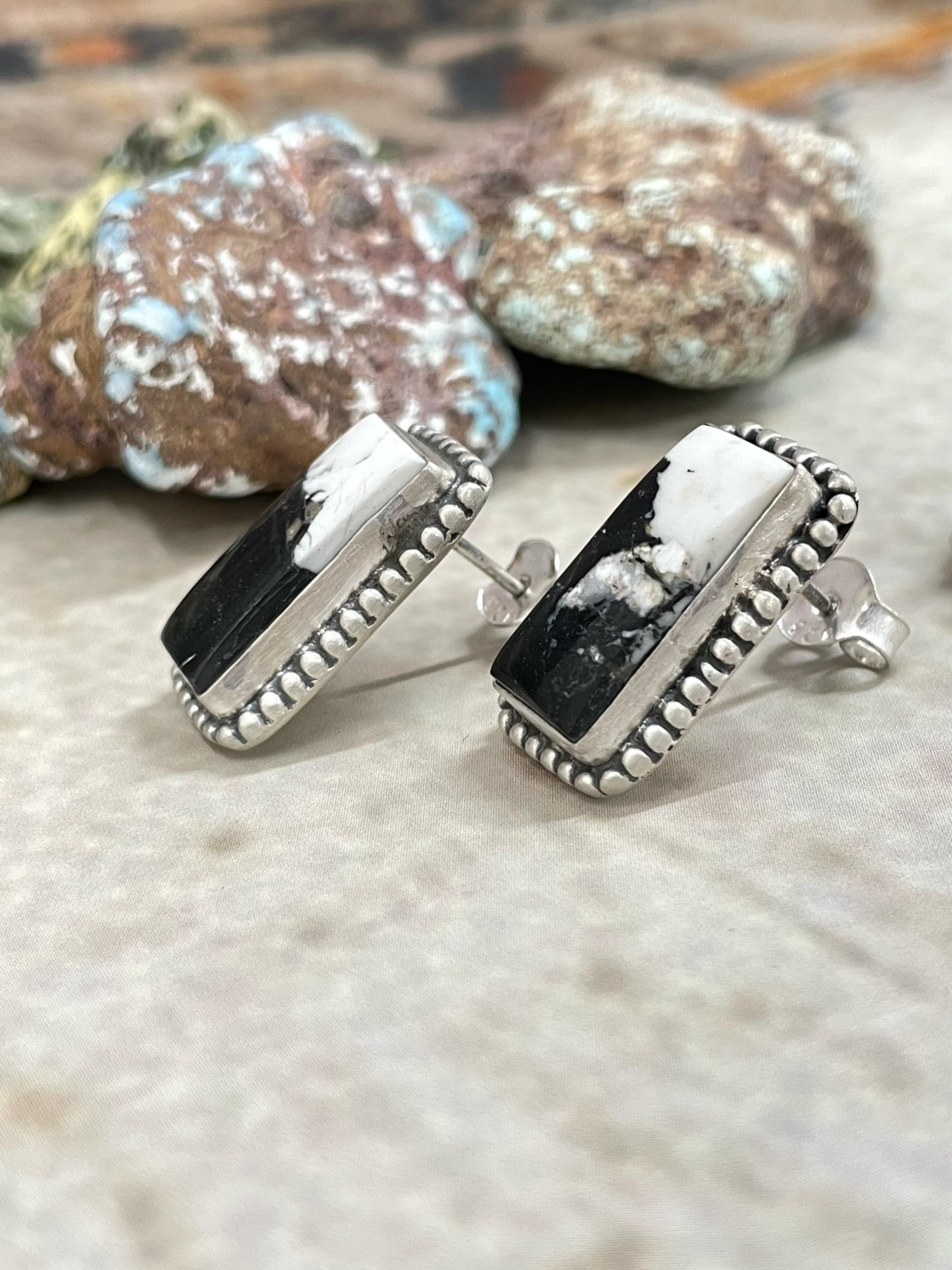 Handmade Sterling Silver White Buffalo, Peacock Dahlia Post Earrings with Signed Nizhoni