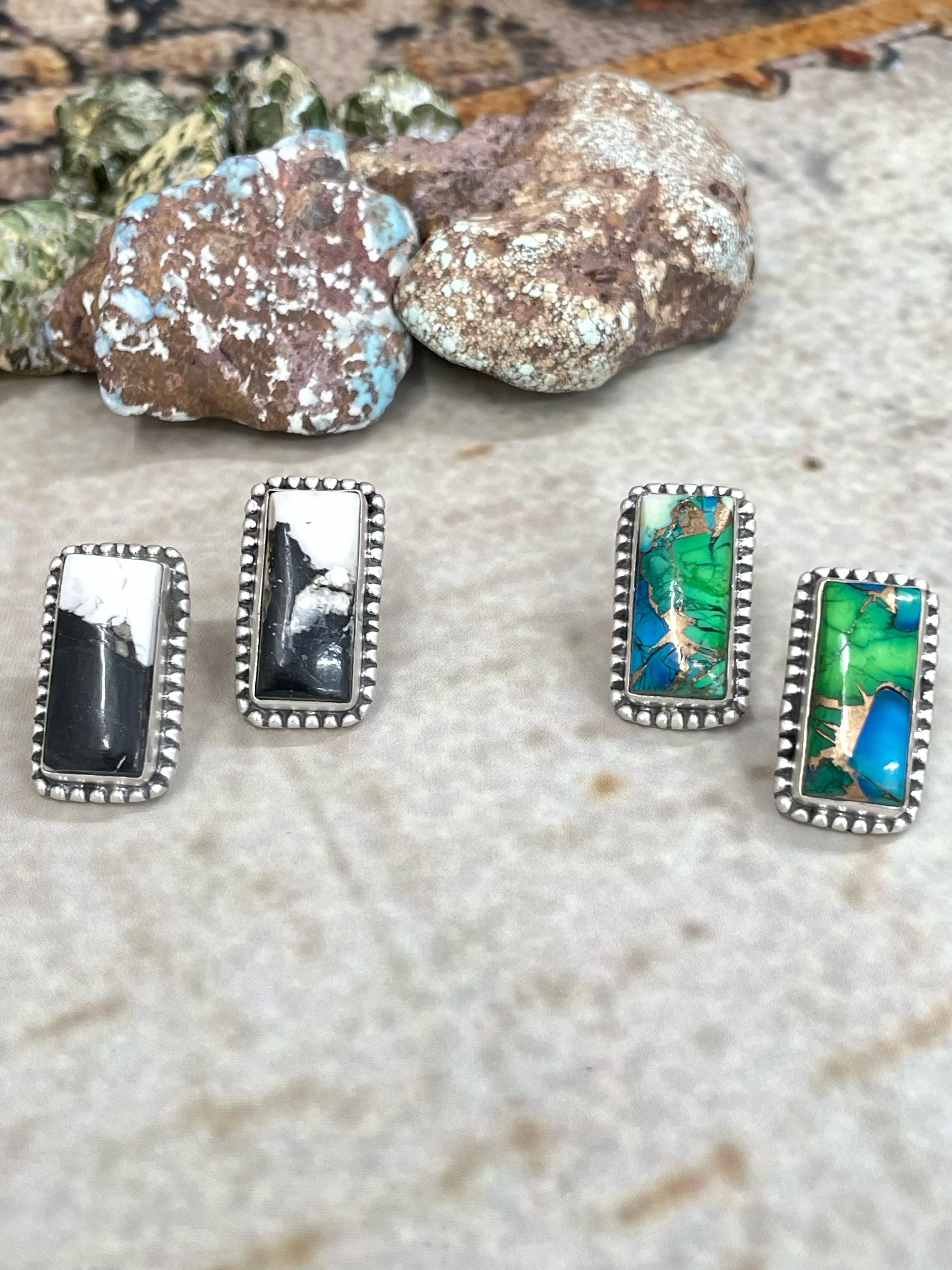 Handmade Sterling Silver White Buffalo, Peacock Dahlia Post Earrings with Signed Nizhoni