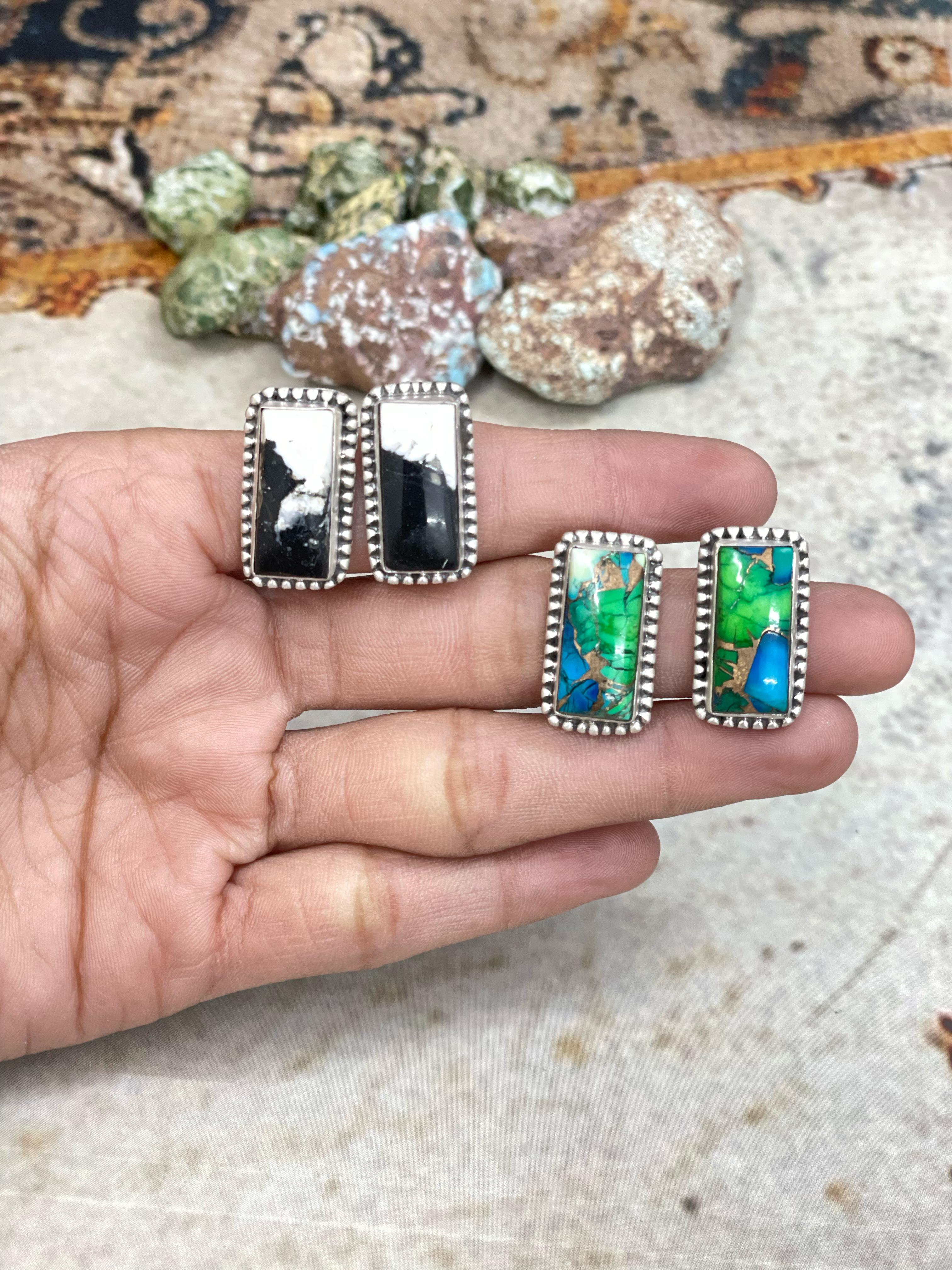 Handmade Sterling Silver White Buffalo, Peacock Dahlia Post Earrings with Signed Nizhoni