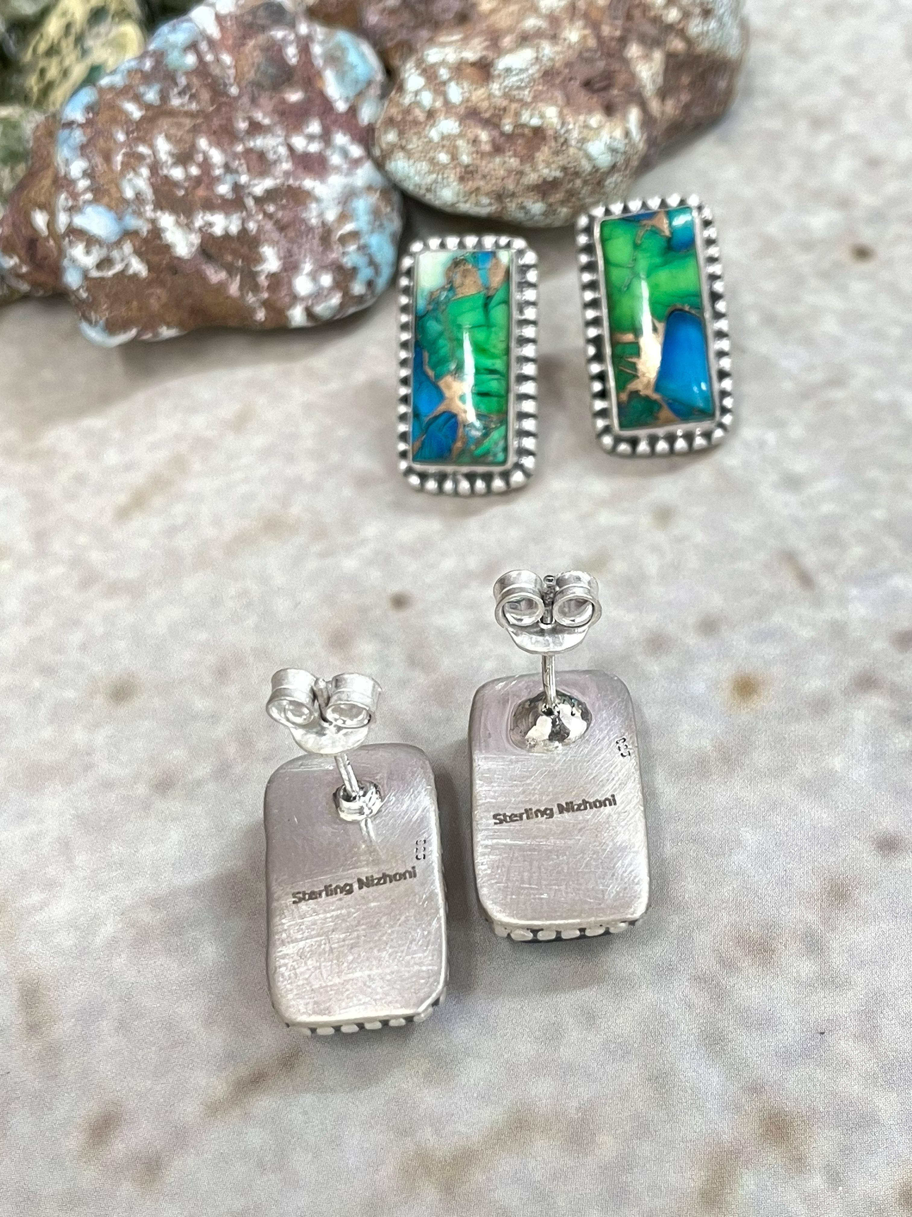 Handmade Sterling Silver White Buffalo, Peacock Dahlia Post Earrings with Signed Nizhoni