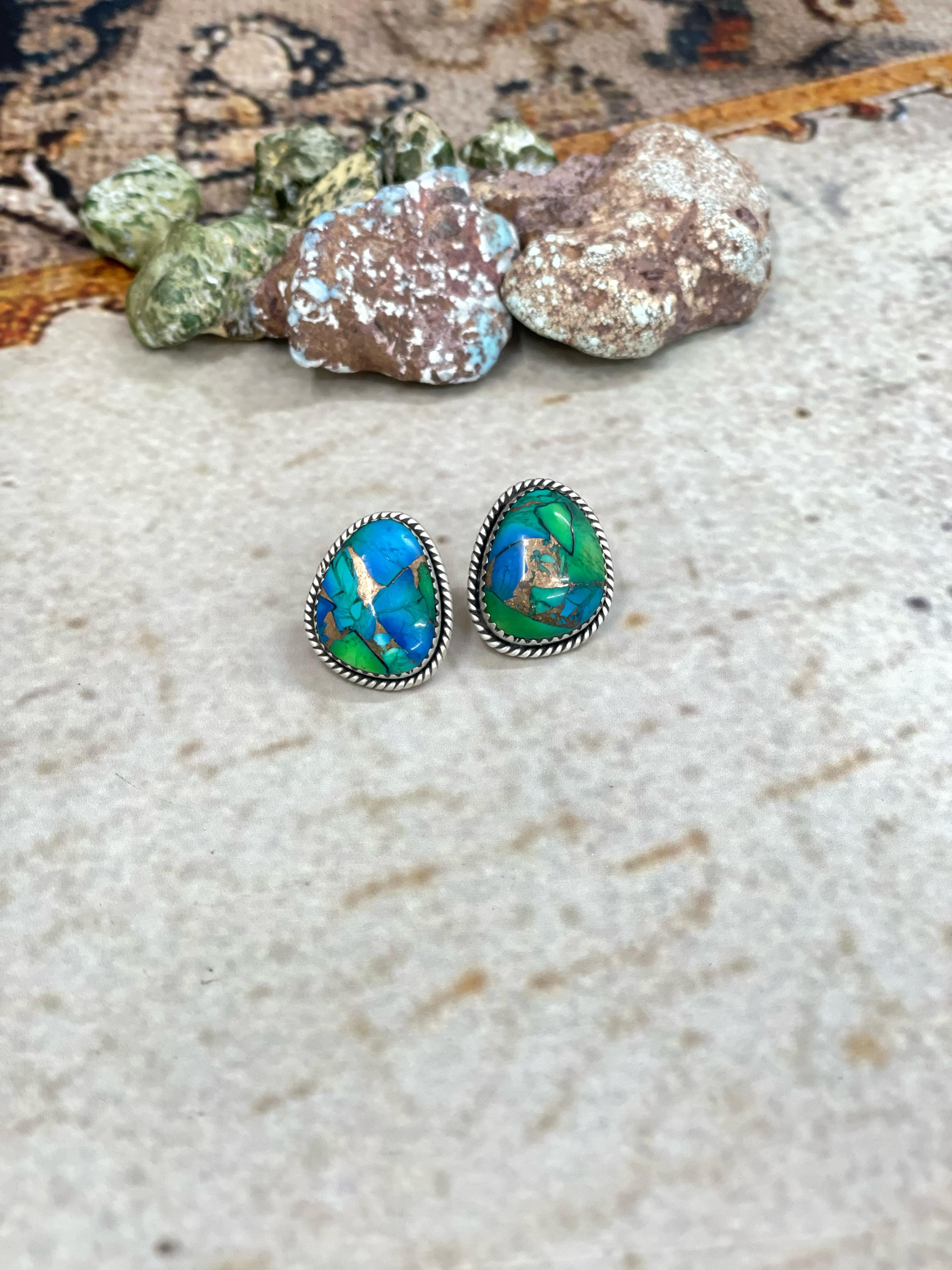 Handmade Sterling Silver Peacock Dahlia Post Earrings with Signed Nizhoni