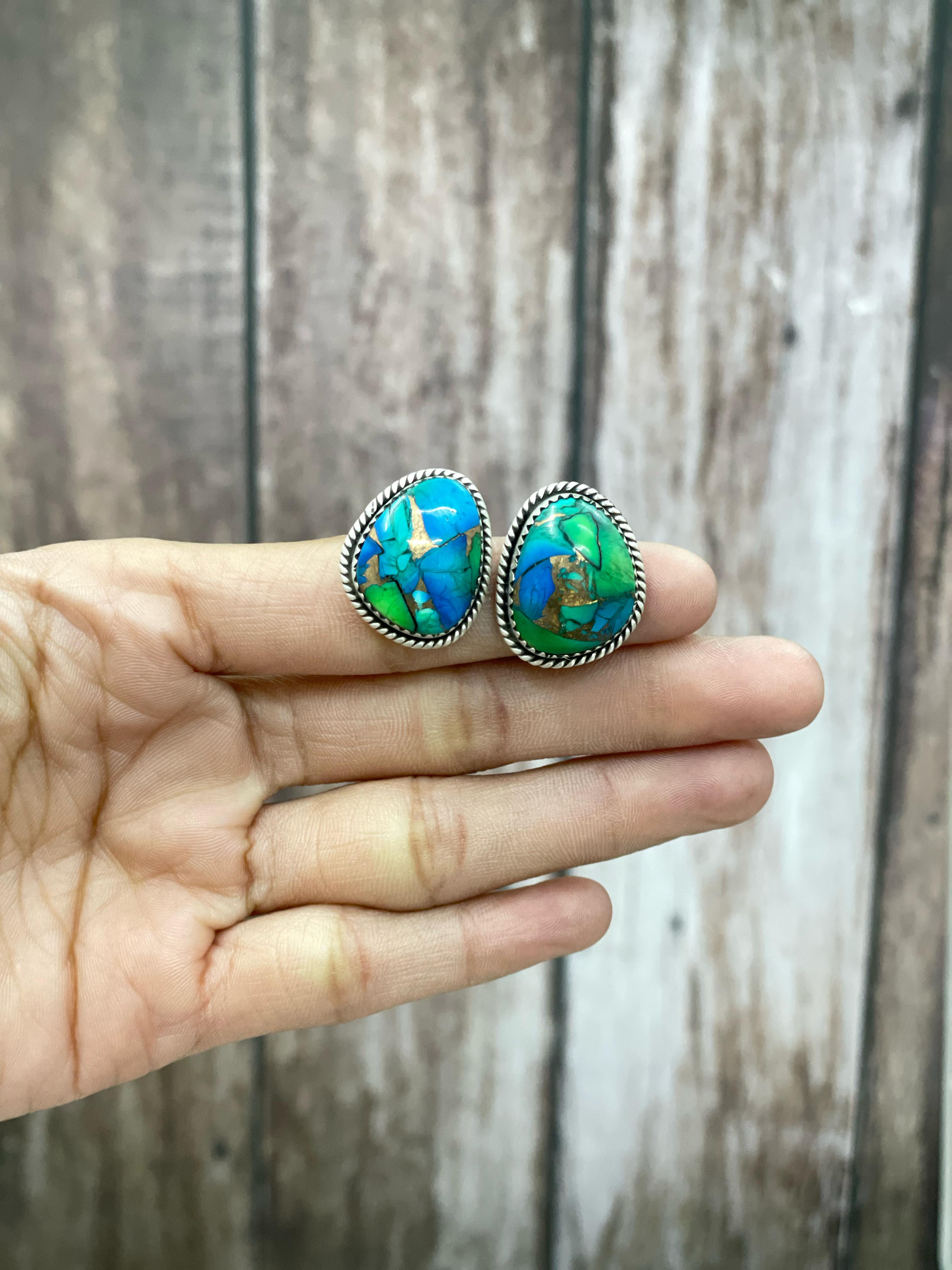 Handmade Sterling Silver Peacock Dahlia Post Earrings with Signed Nizhoni