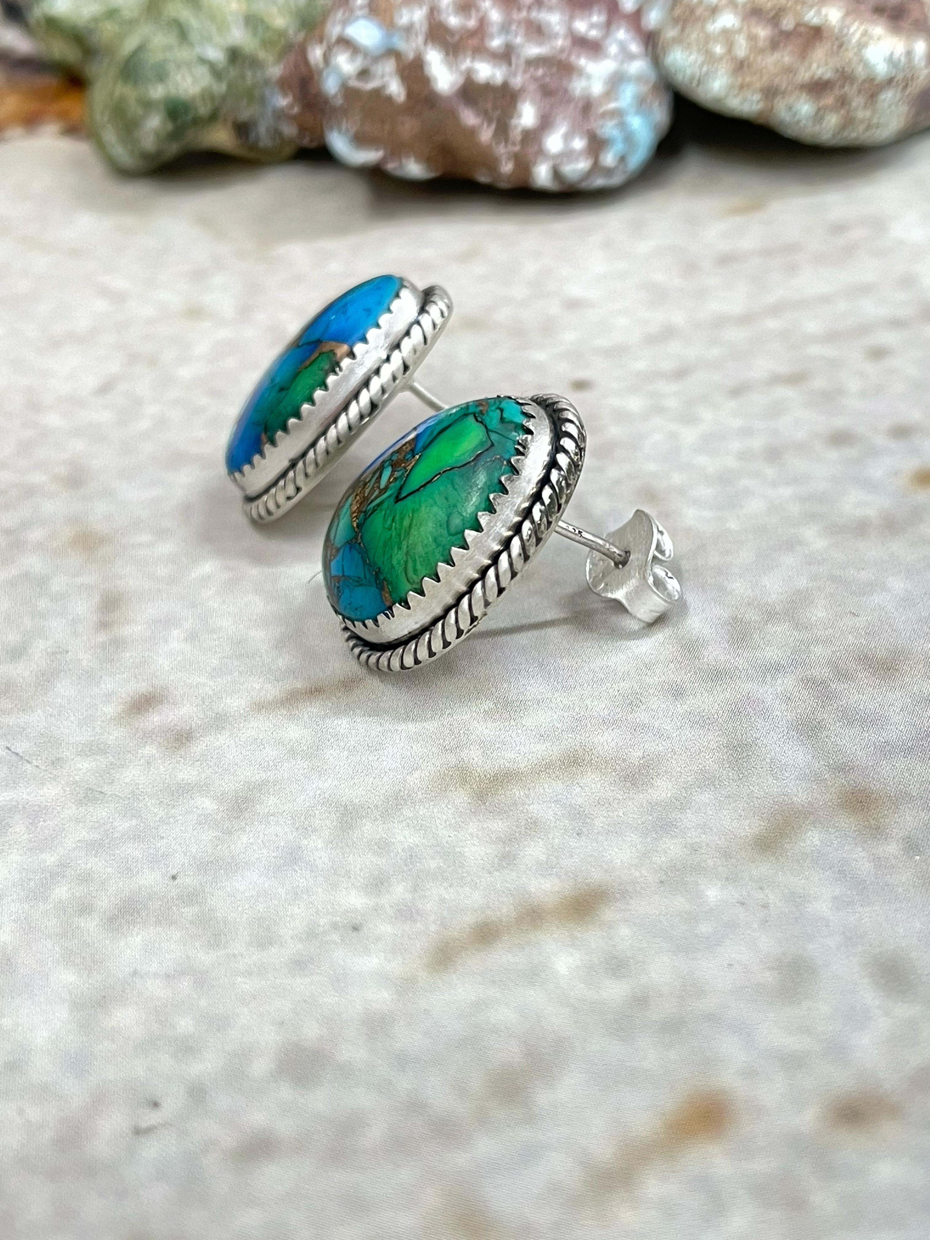 Handmade Sterling Silver Peacock Dahlia Post Earrings with Signed Nizhoni