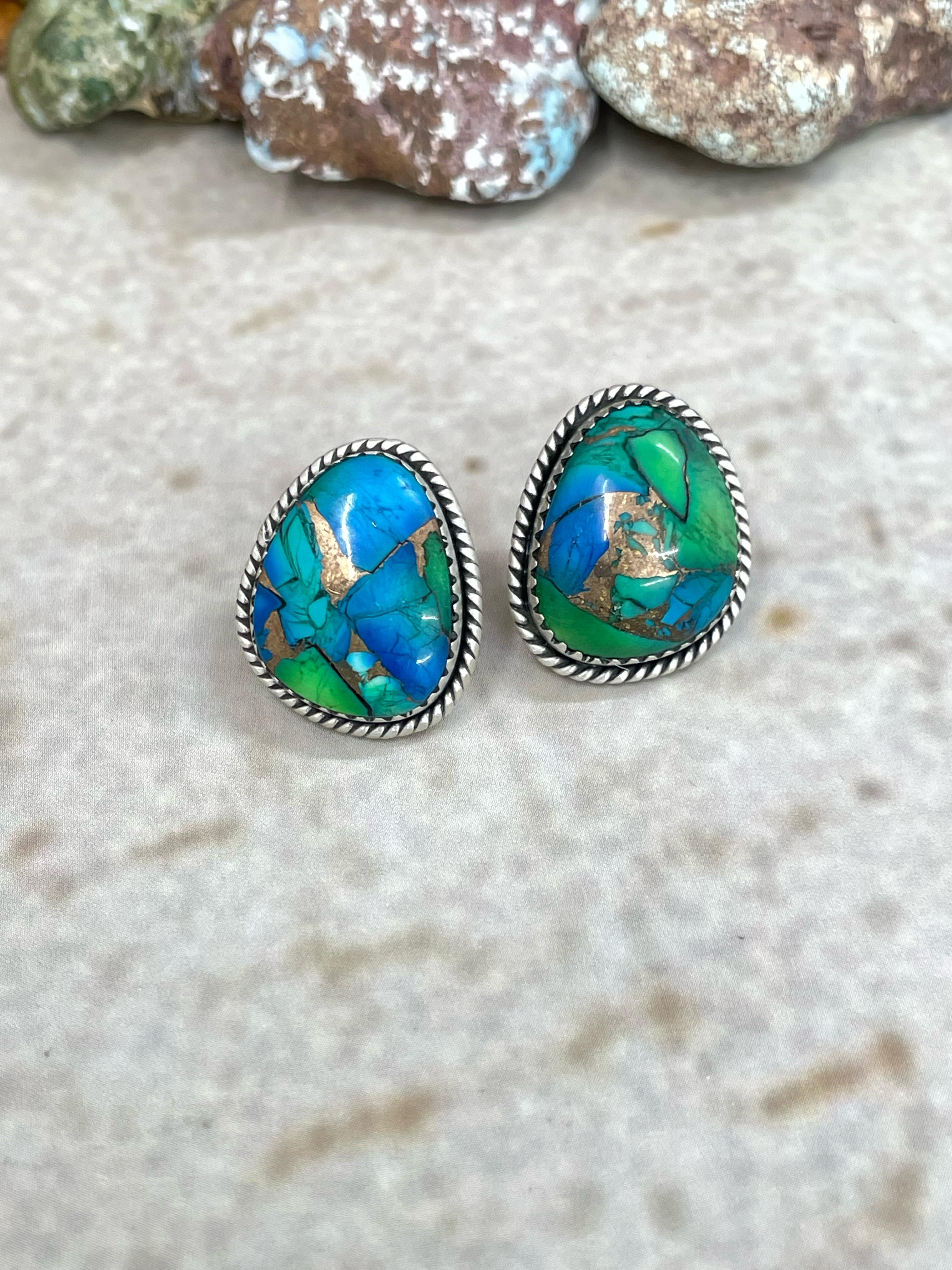 Handmade Sterling Silver Peacock Dahlia Post Earrings with Signed Nizhoni