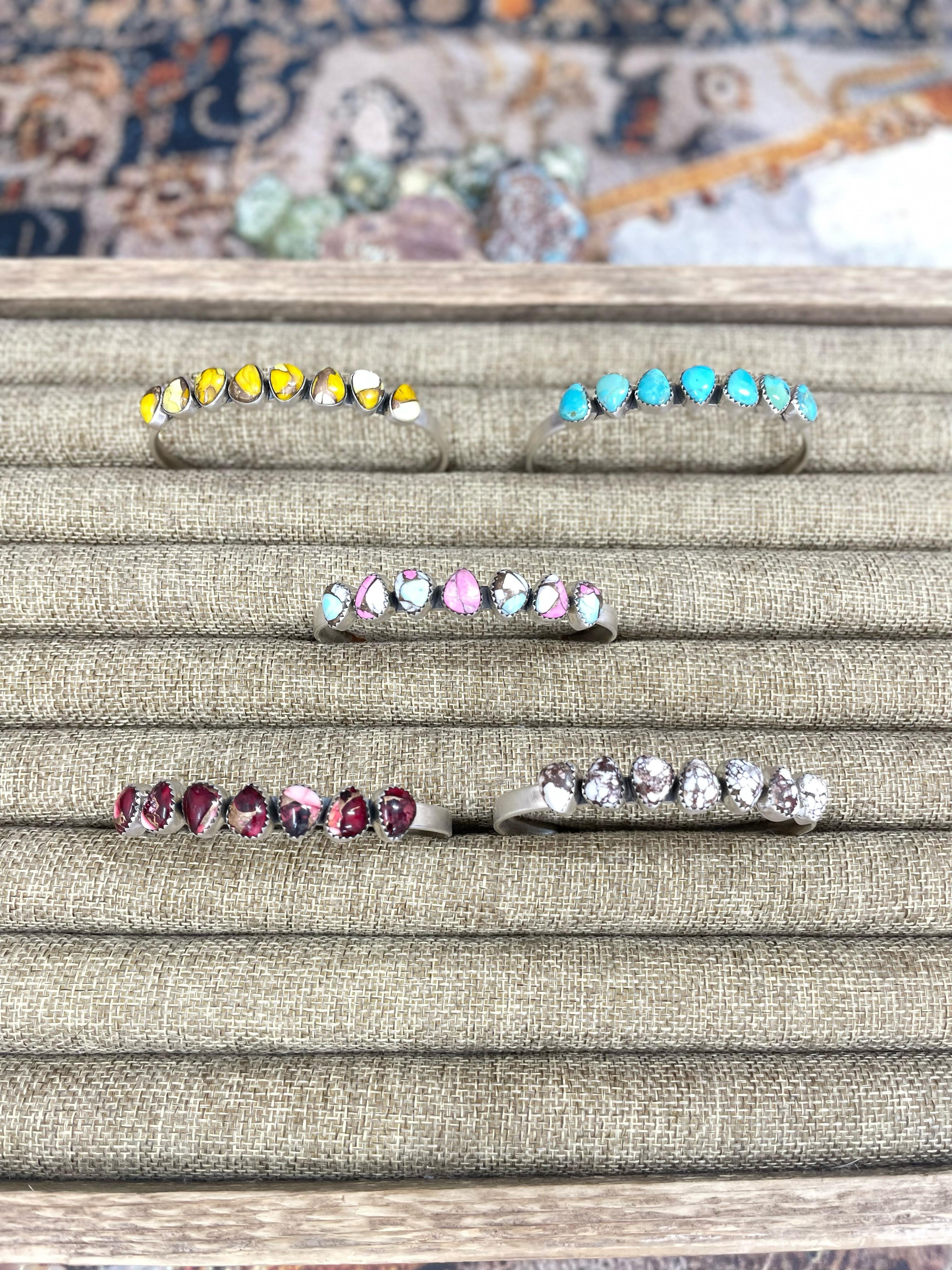 Handmade Sterling Silver Dahlia Rose, Honey Dahlia, Kingman Turquoise, Wild Horse, Cotton Candy Turquoise Cuff Bracelet with Signed Nizhoni