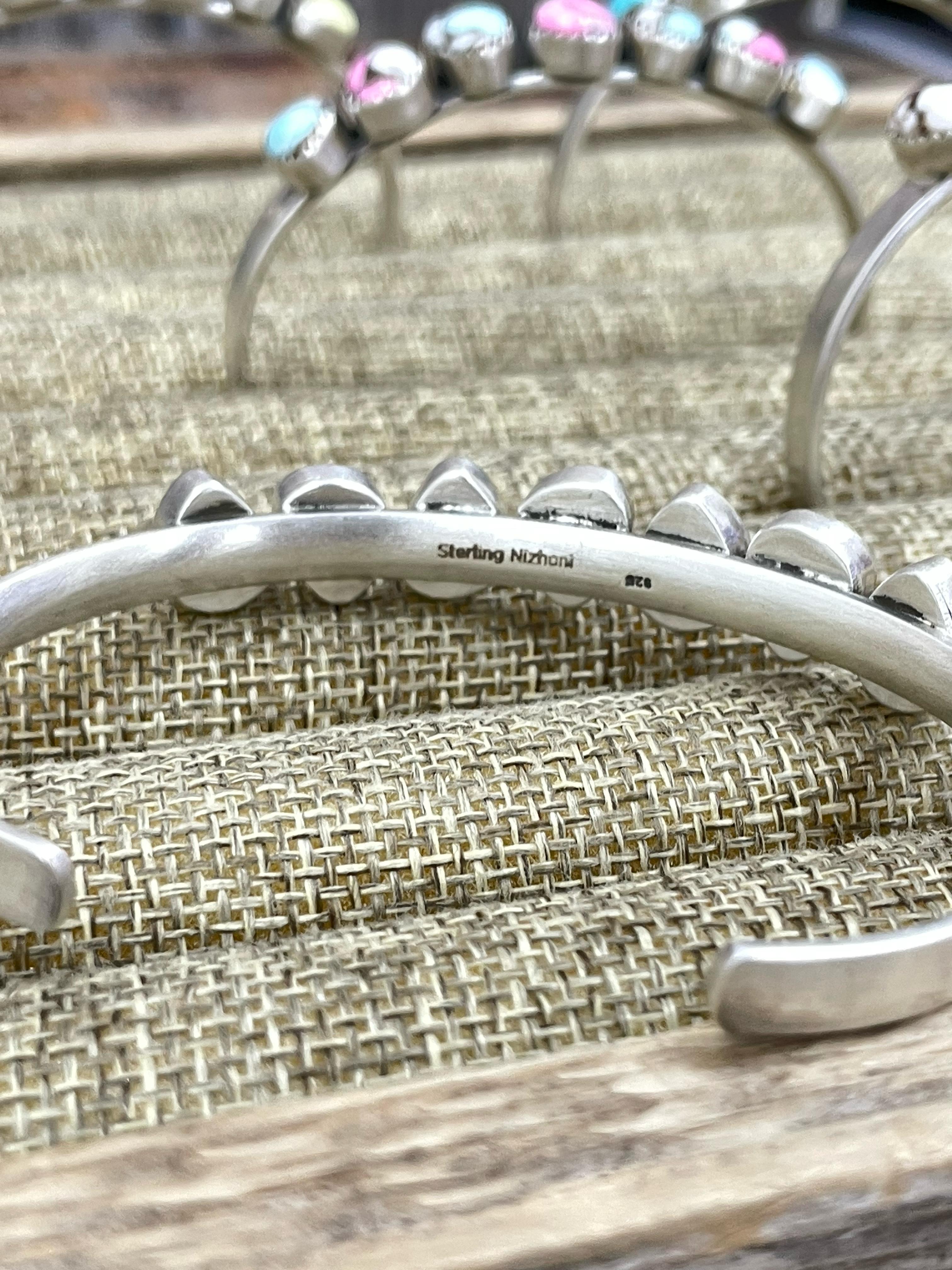 Handmade Sterling Silver Dahlia Rose, Honey Dahlia, Kingman Turquoise, Wild Horse, Cotton Candy Turquoise Cuff Bracelet with Signed Nizhoni