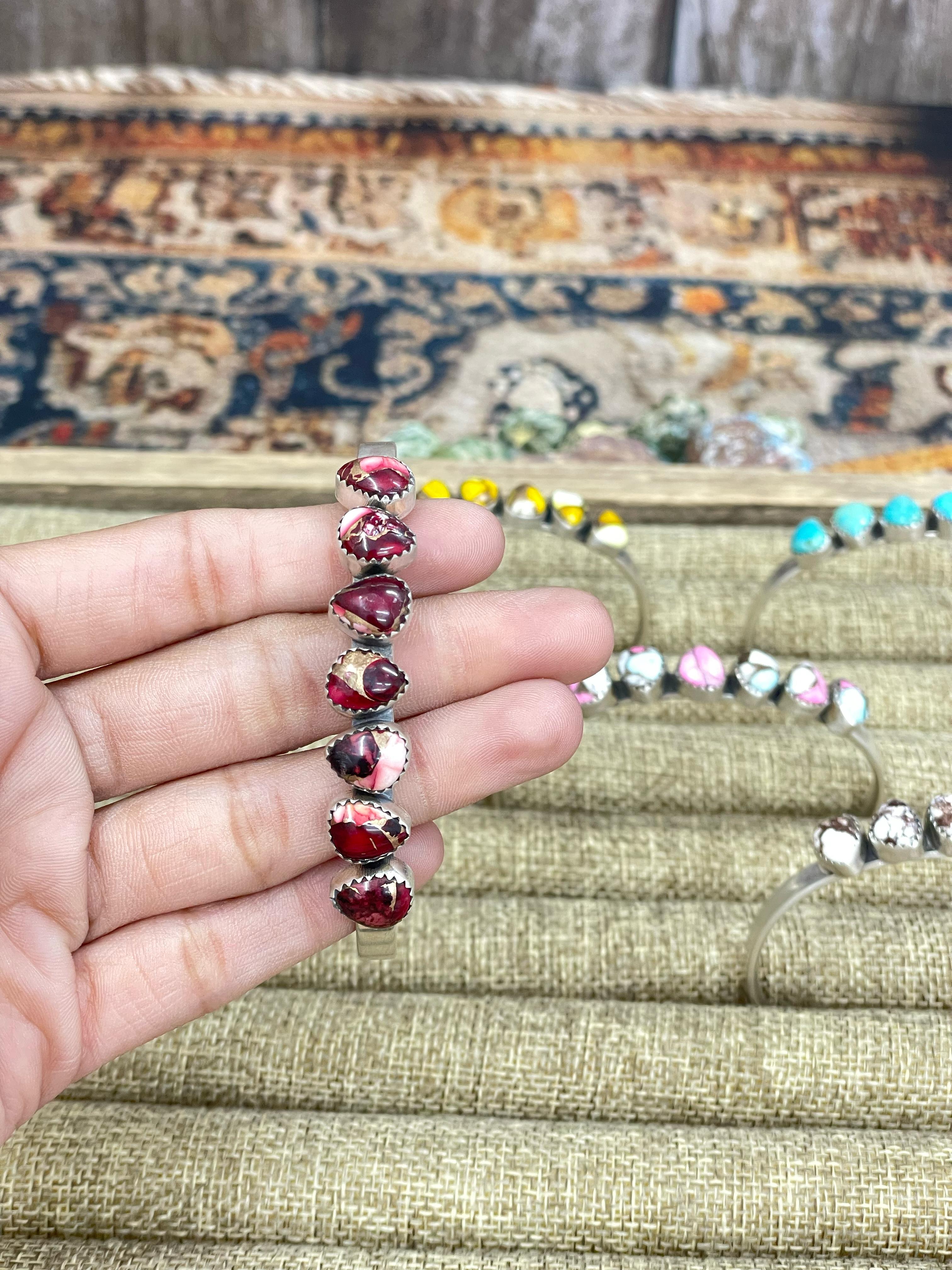 Handmade Sterling Silver Dahlia Rose, Honey Dahlia, Kingman Turquoise, Wild Horse, Cotton Candy Turquoise Cuff Bracelet with Signed Nizhoni