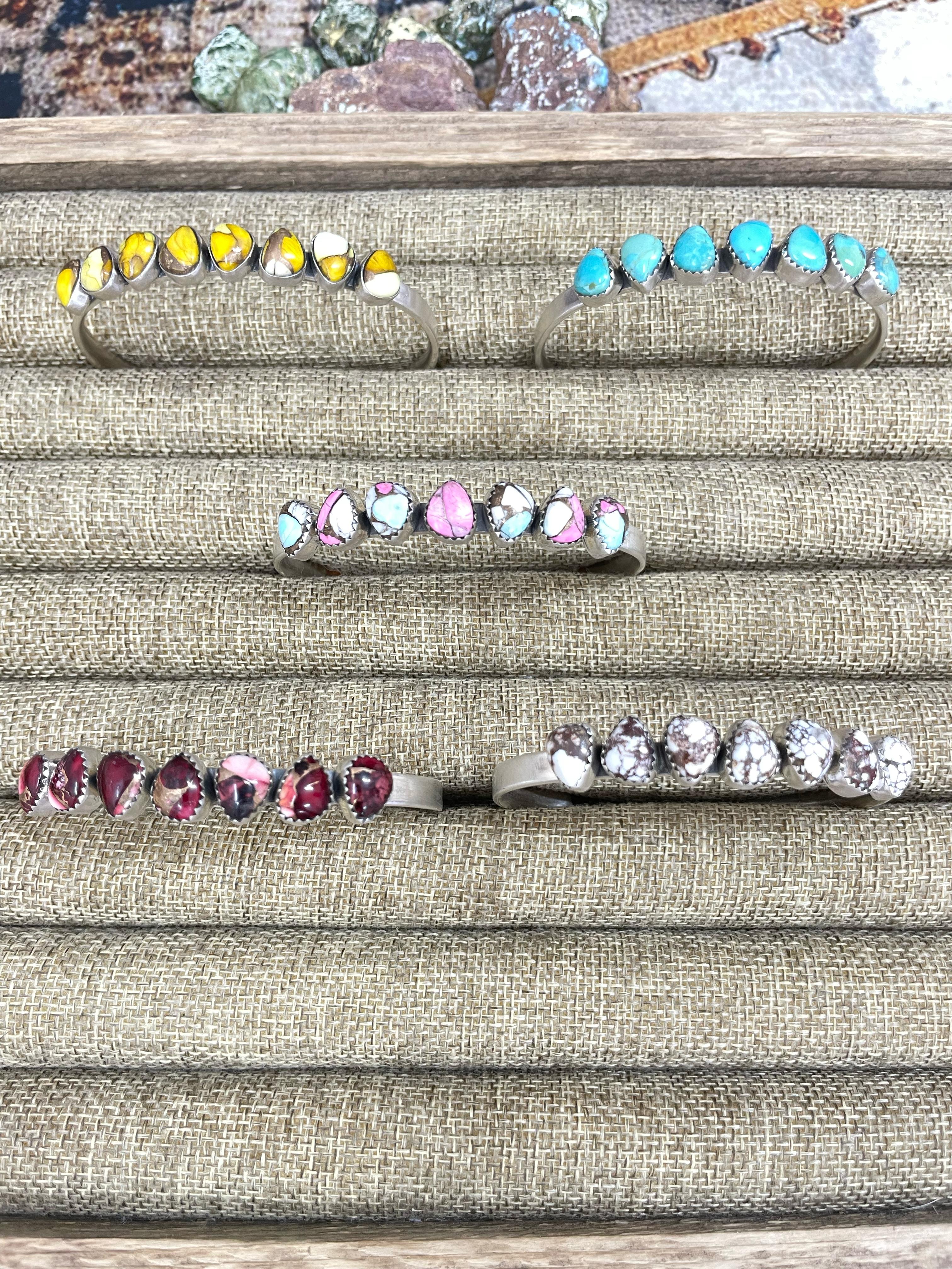 Handmade Sterling Silver Dahlia Rose, Honey Dahlia, Kingman Turquoise, Wild Horse, Cotton Candy Turquoise Cuff Bracelet with Signed Nizhoni