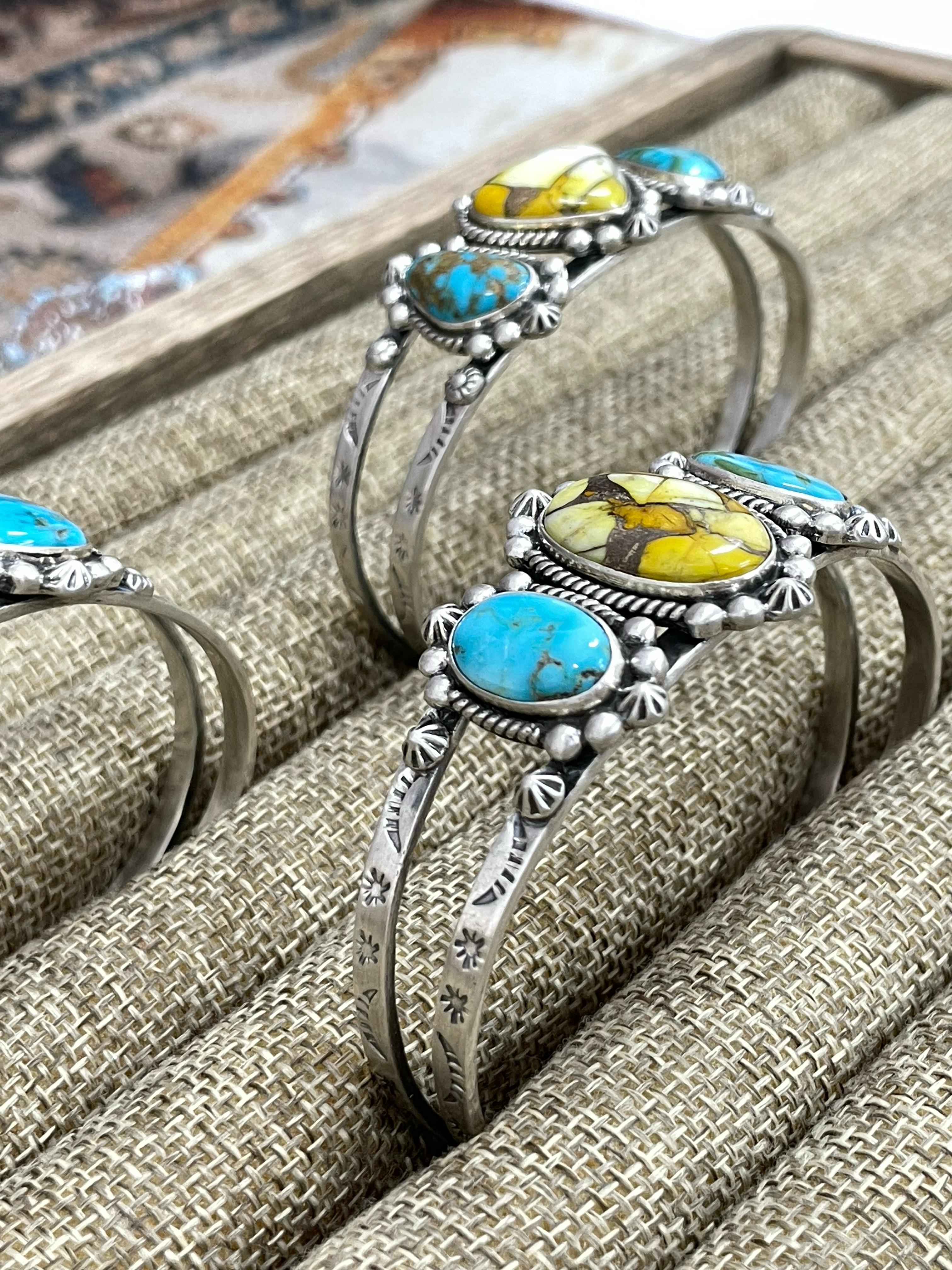 Handmade Sterling Silver Honey Dahlia with South Hill Cuff Bracelet, Signed Nizhoni