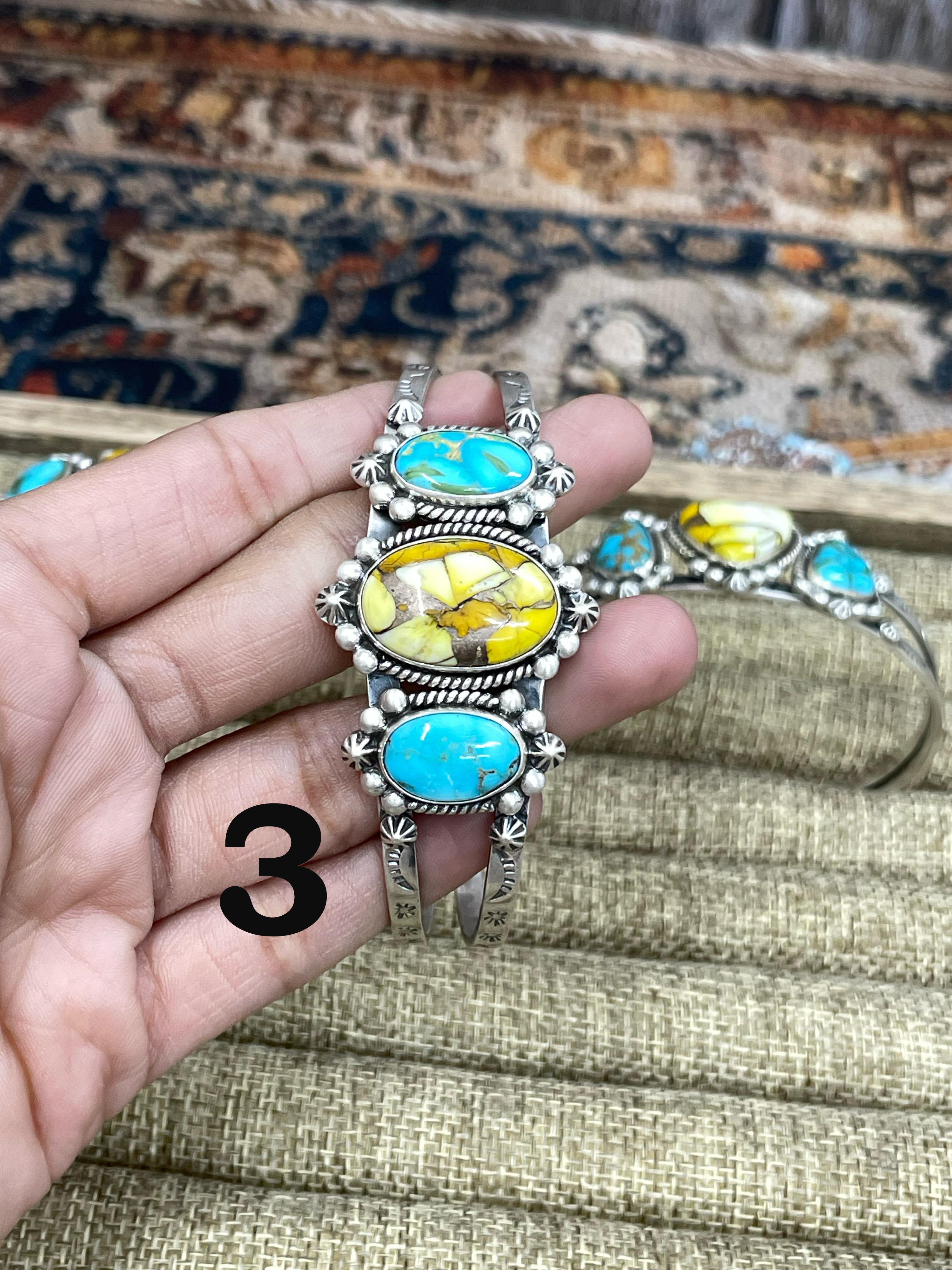 Handmade Sterling Silver Honey Dahlia with South Hill Cuff Bracelet, Signed Nizhoni