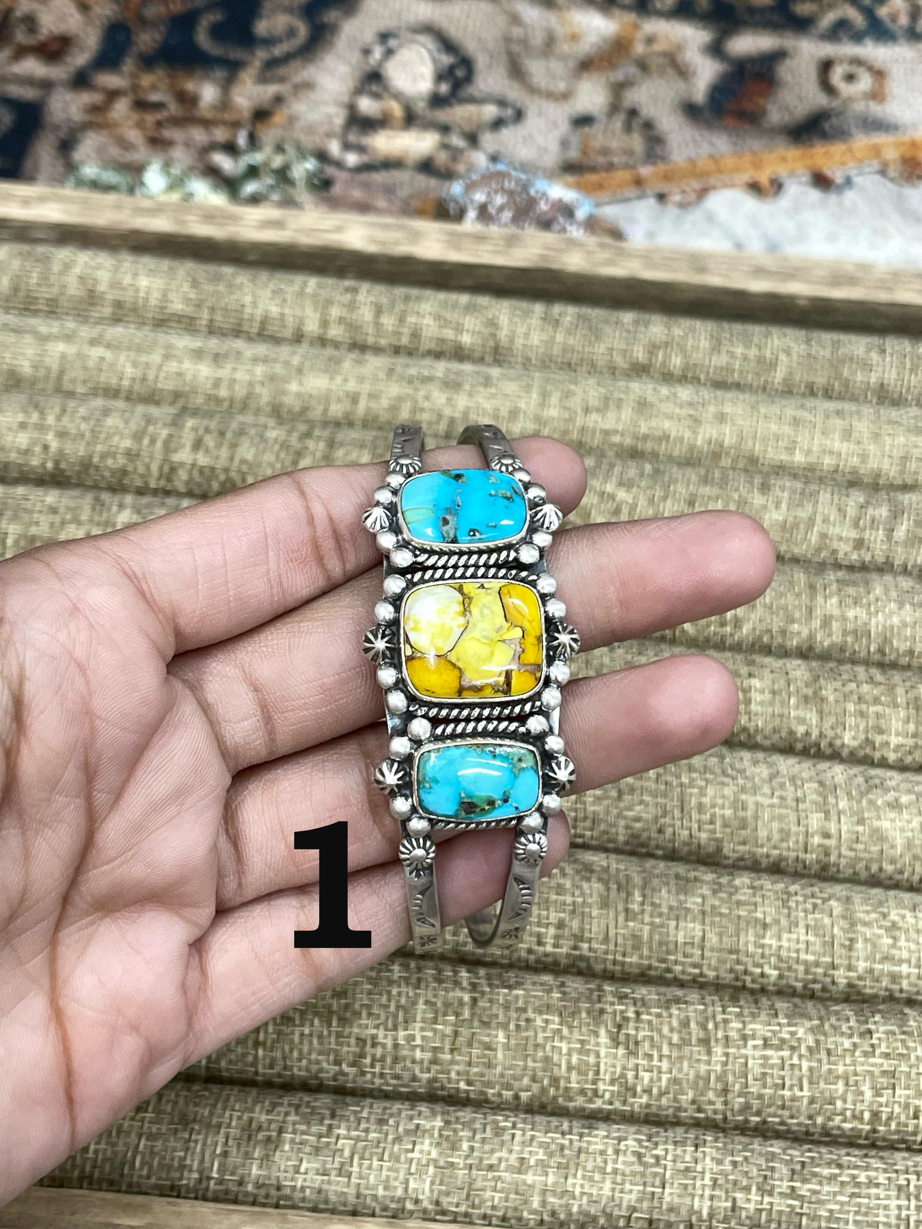 Handmade Sterling Silver Honey Dahlia with South Hill Cuff Bracelet, Signed Nizhoni