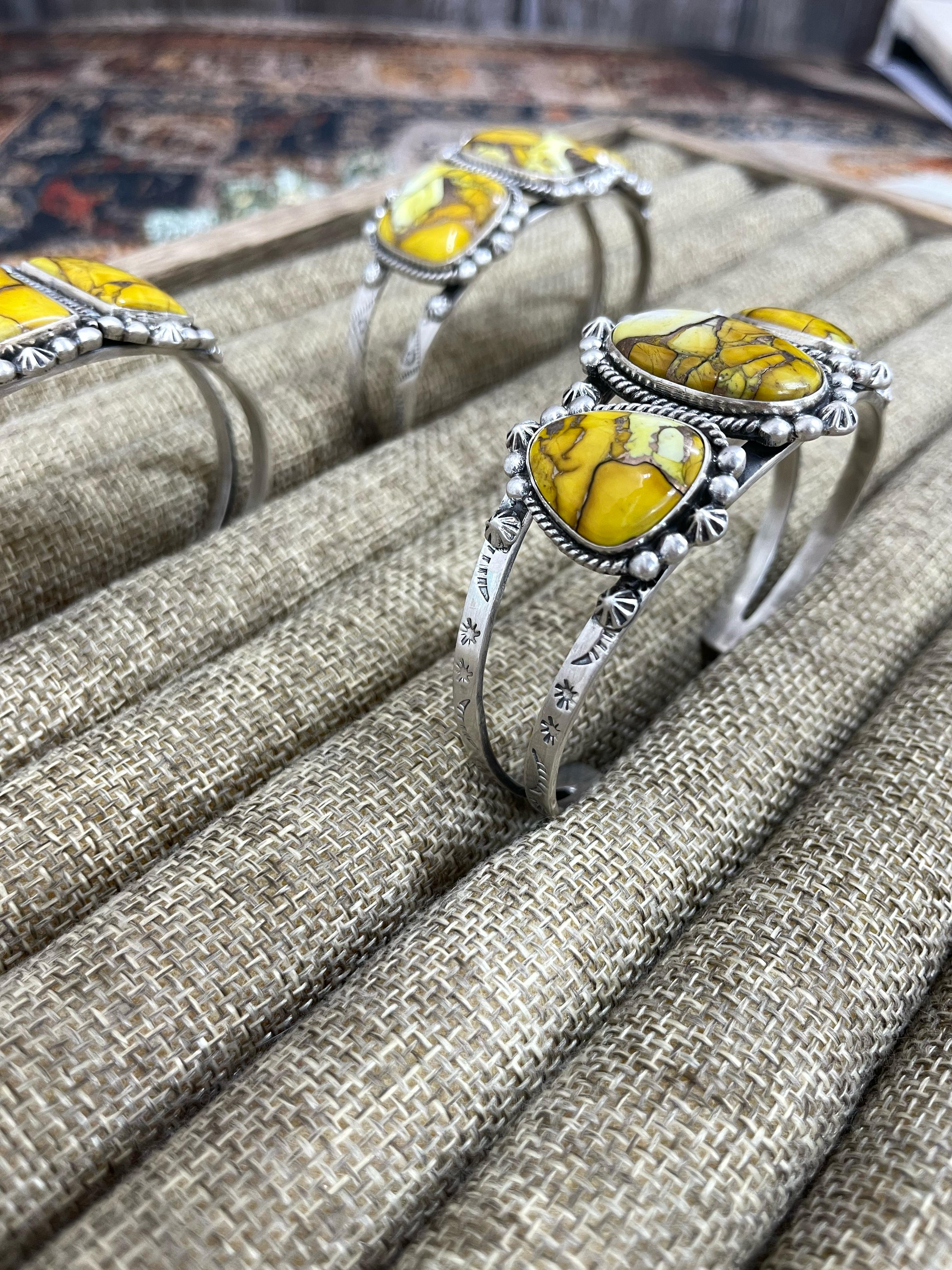 Handmade Sterling Silver Honey Dahlia Cuff Bracelet with Signed Nizhoni