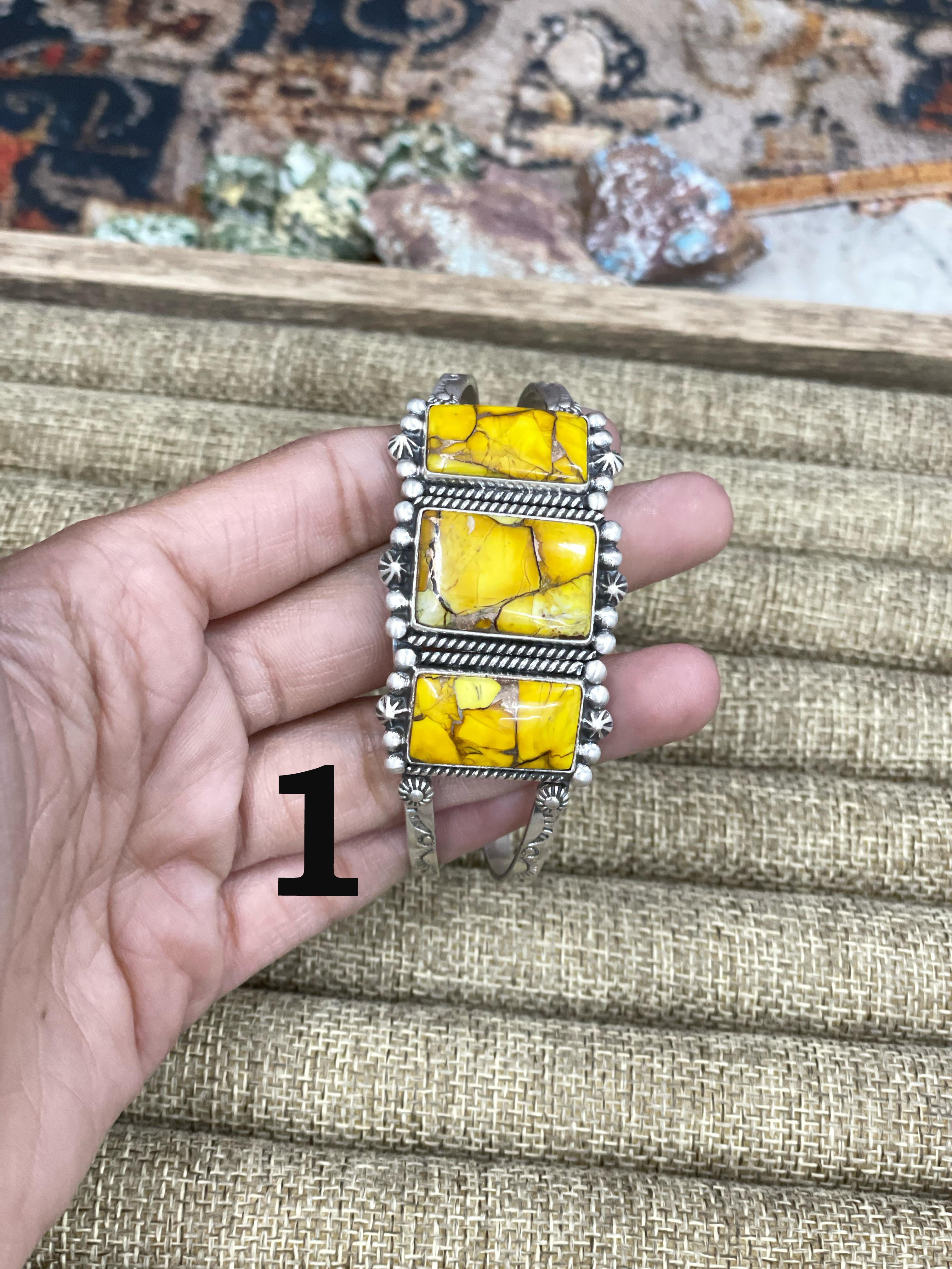 Handmade Sterling Silver Honey Dahlia Cuff Bracelet with Signed Nizhoni