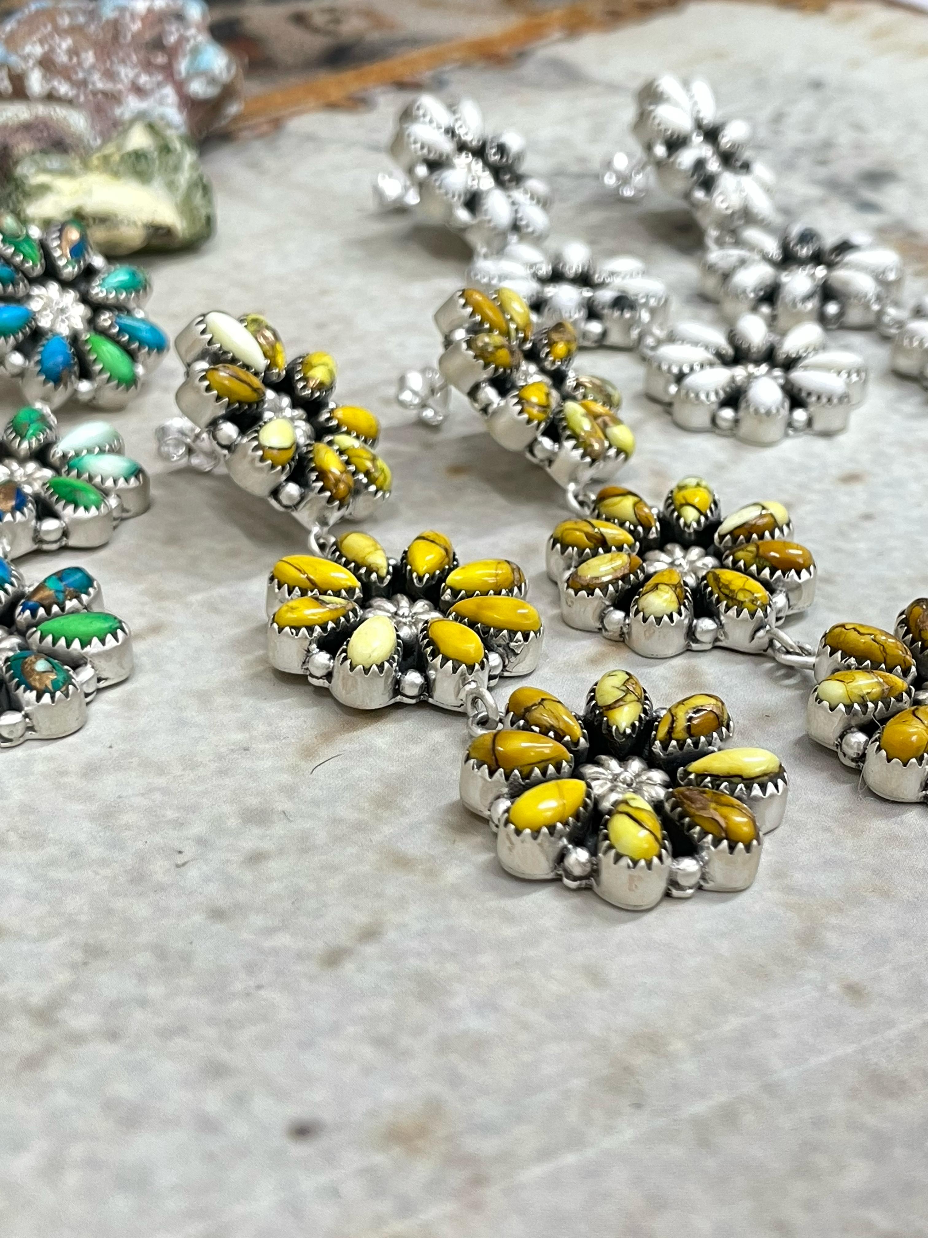 Handmade Flower Dream Sterling Silver Peacock Dahlia, Honey Dahlia, White Buffalo Turquoise Flower Earrings with Signed Nizhoni