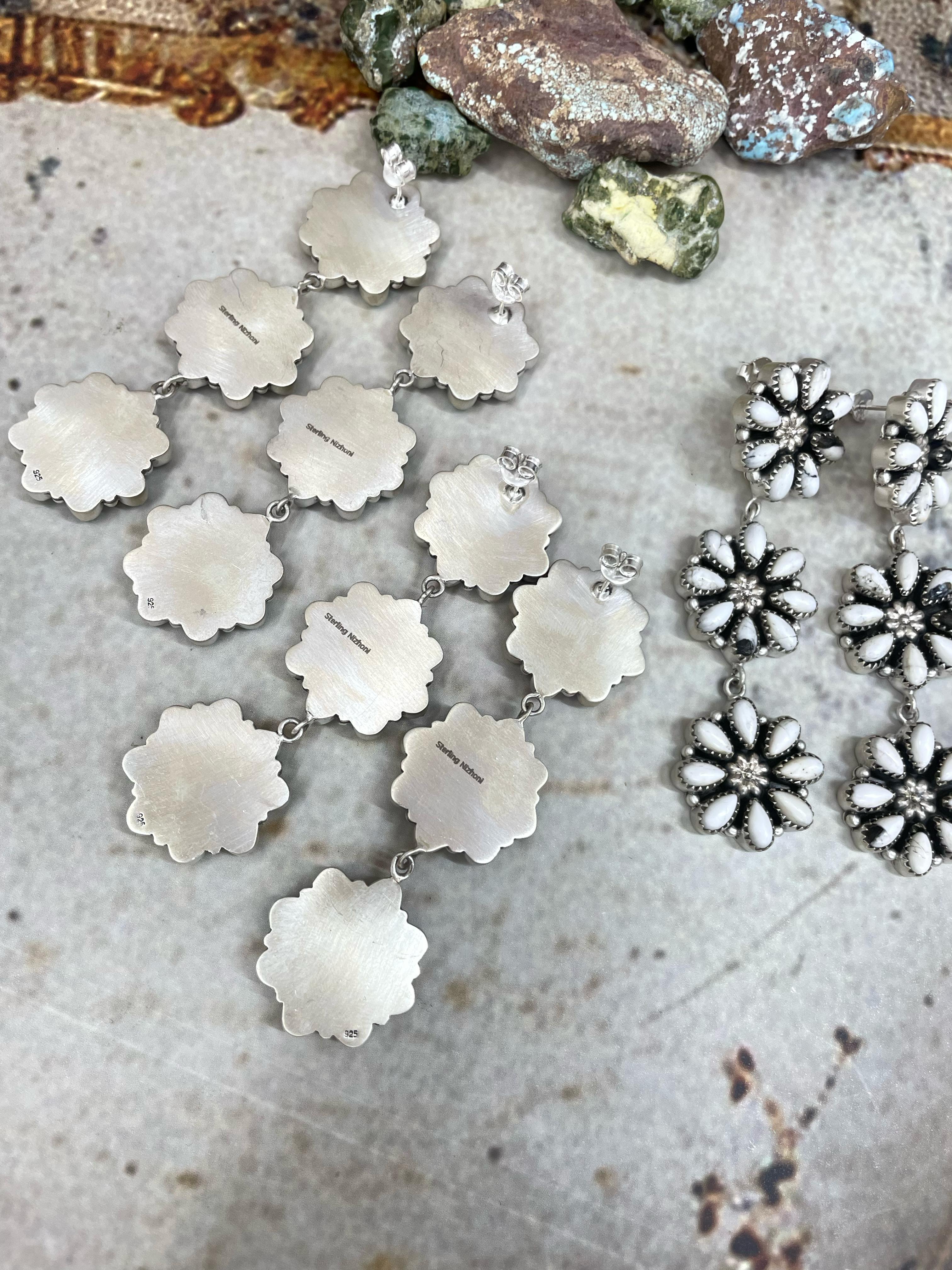 Handmade Flower Dream Sterling Silver Peacock Dahlia, Honey Dahlia, White Buffalo Turquoise Flower Earrings with Signed Nizhoni