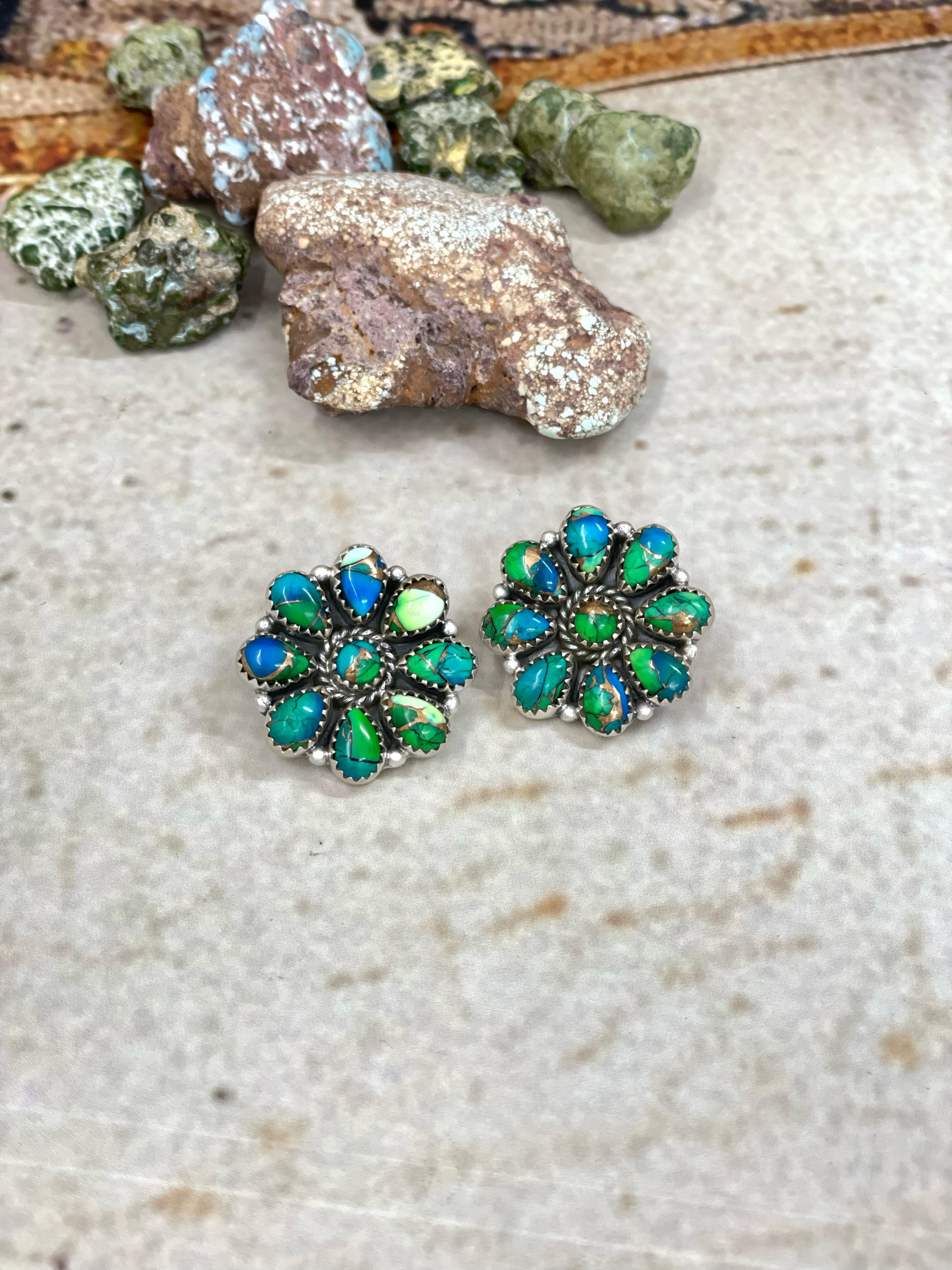 Handmade Sterling Silver Peacock Dahlia Post Earring with Signed Nizhoni