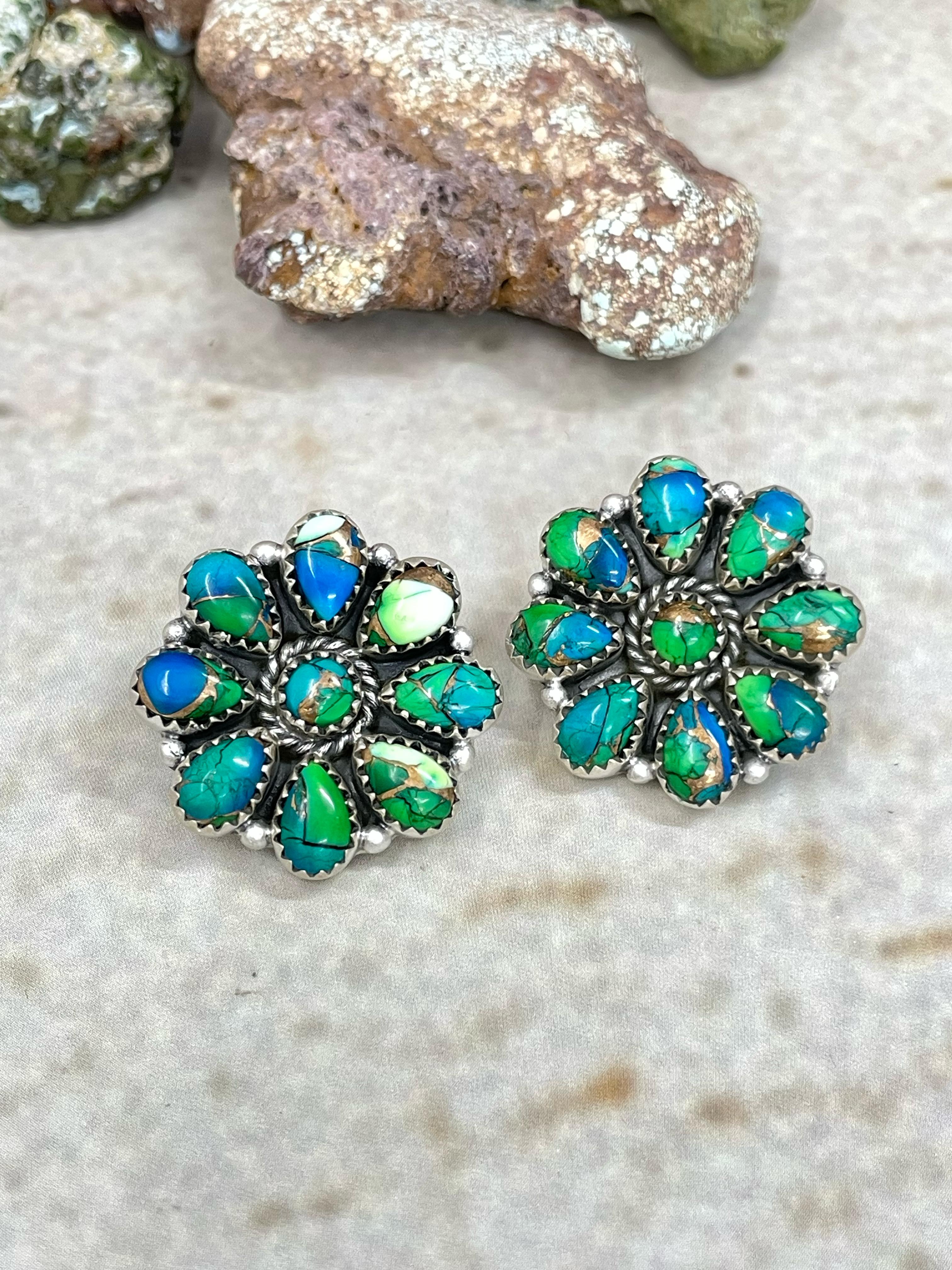Handmade Sterling Silver Peacock Dahlia Post Earring with Signed Nizhoni