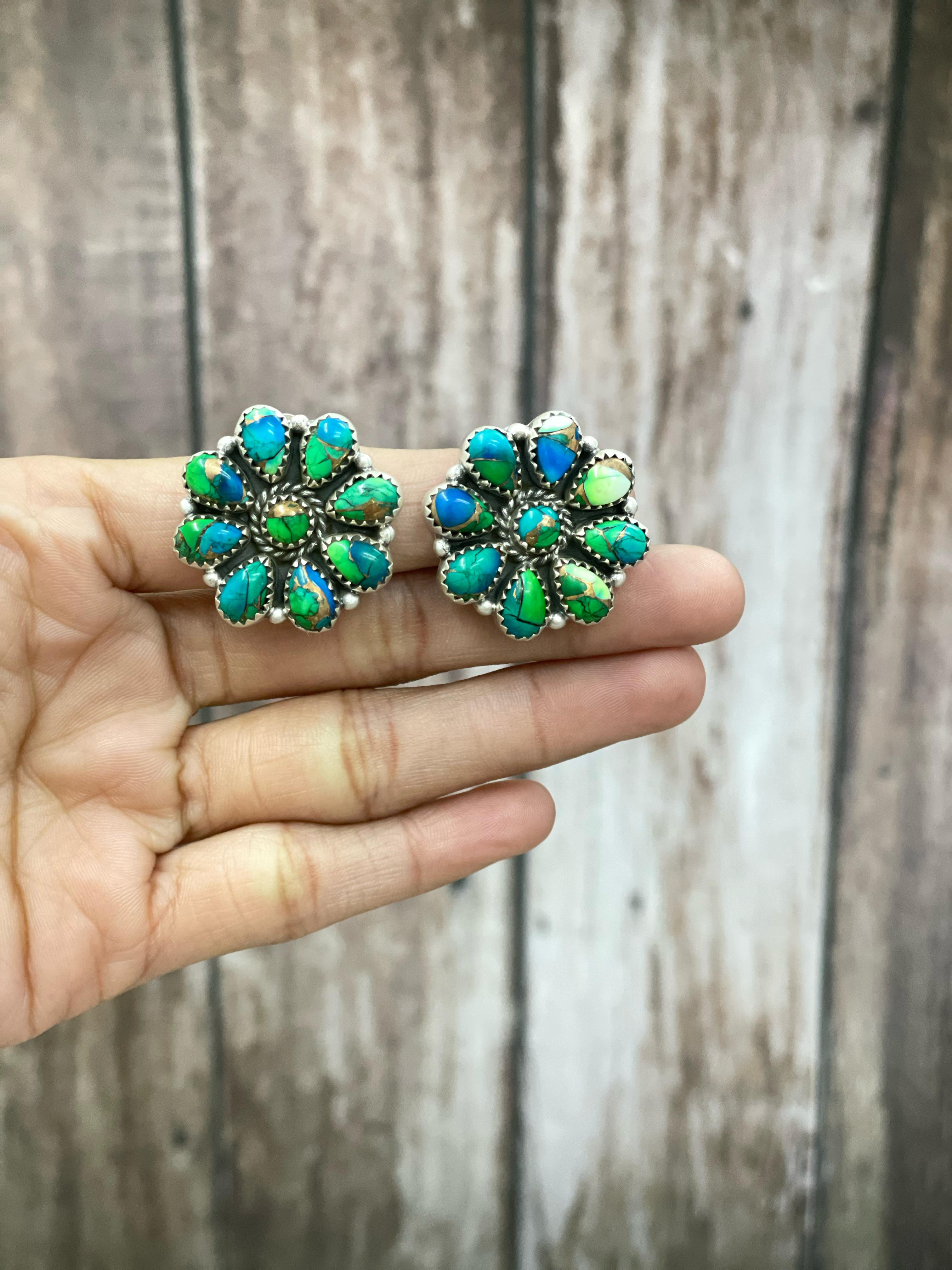 Handmade Sterling Silver Peacock Dahlia Post Earring with Signed Nizhoni