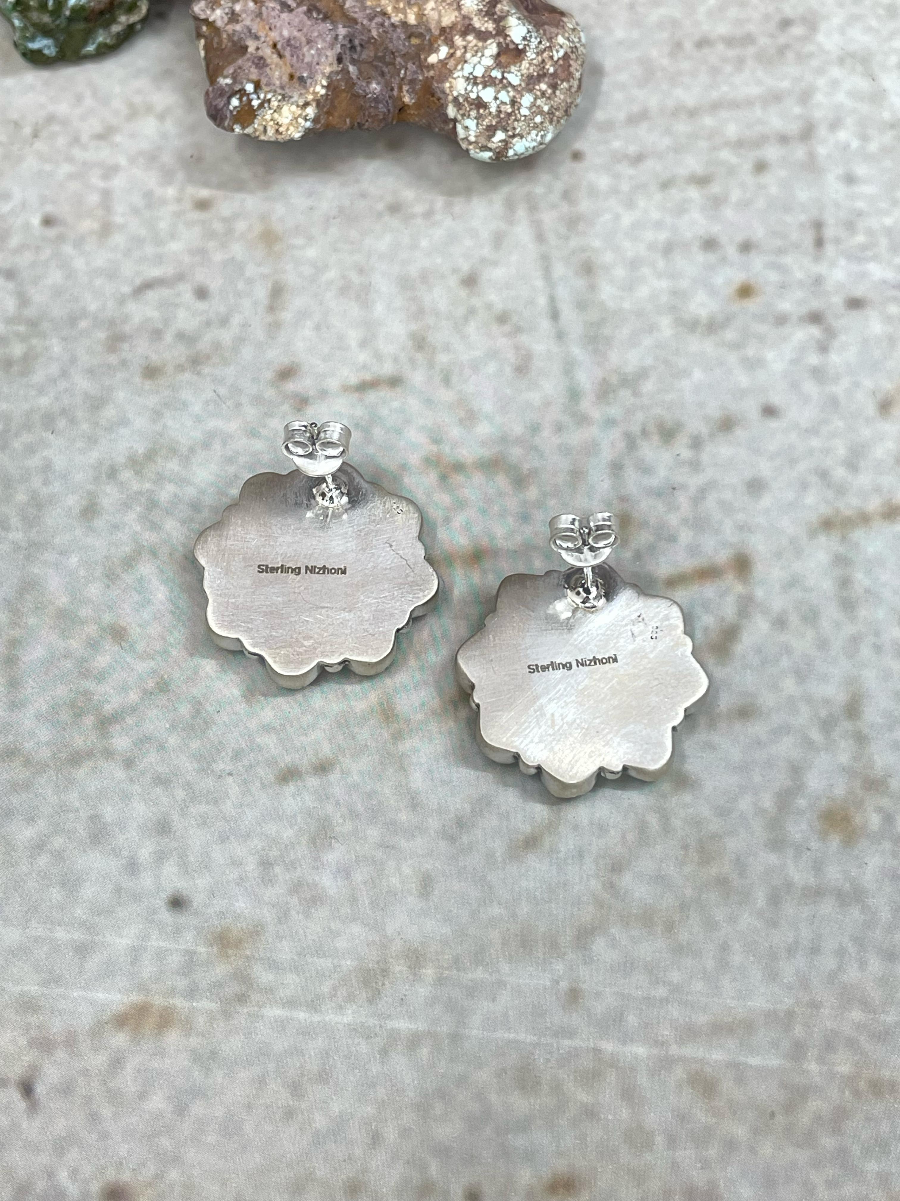 Handmade Sterling Silver Peacock Dahlia Post Earring with Signed Nizhoni