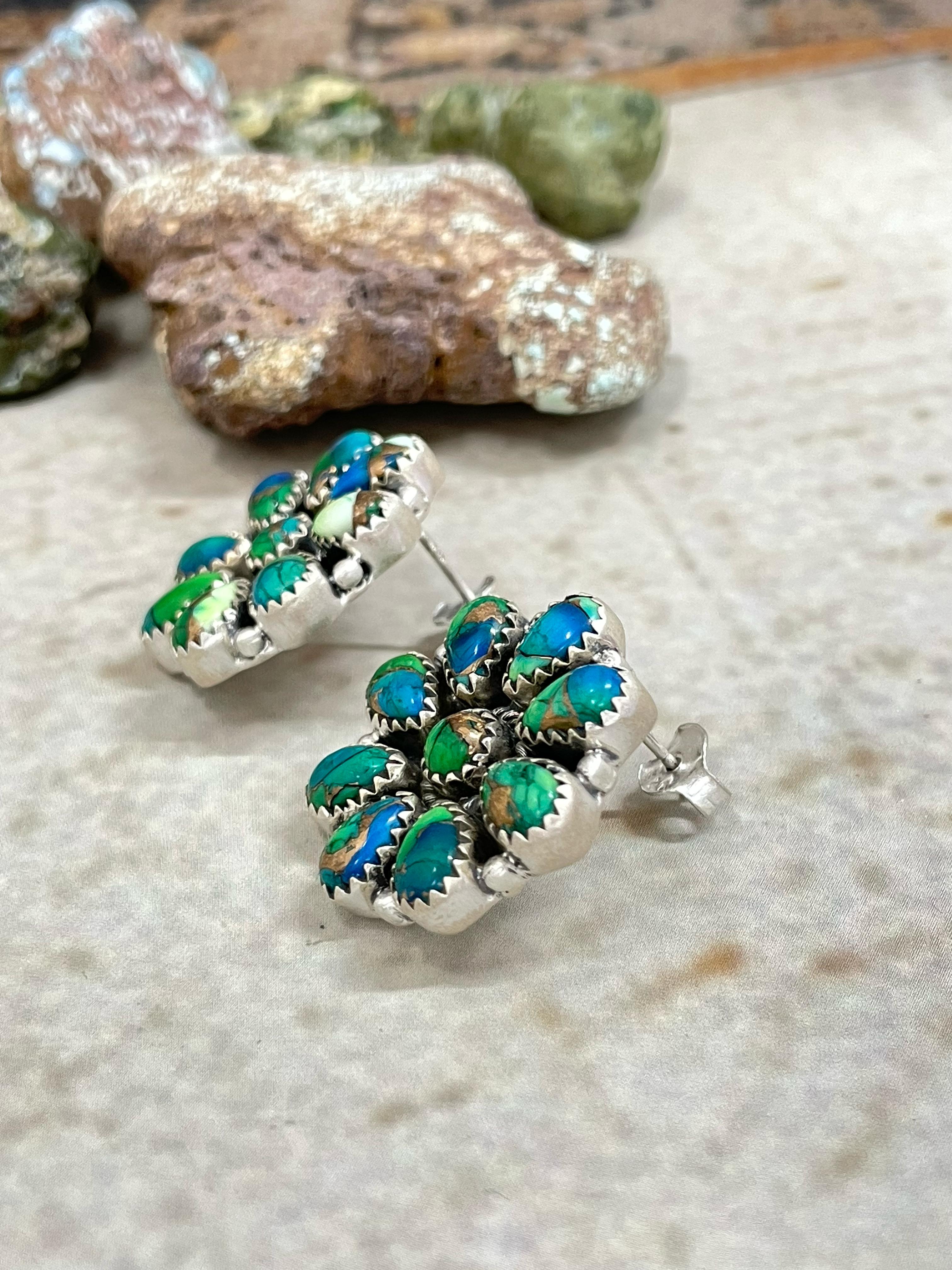 Handmade Sterling Silver Peacock Dahlia Post Earring with Signed Nizhoni