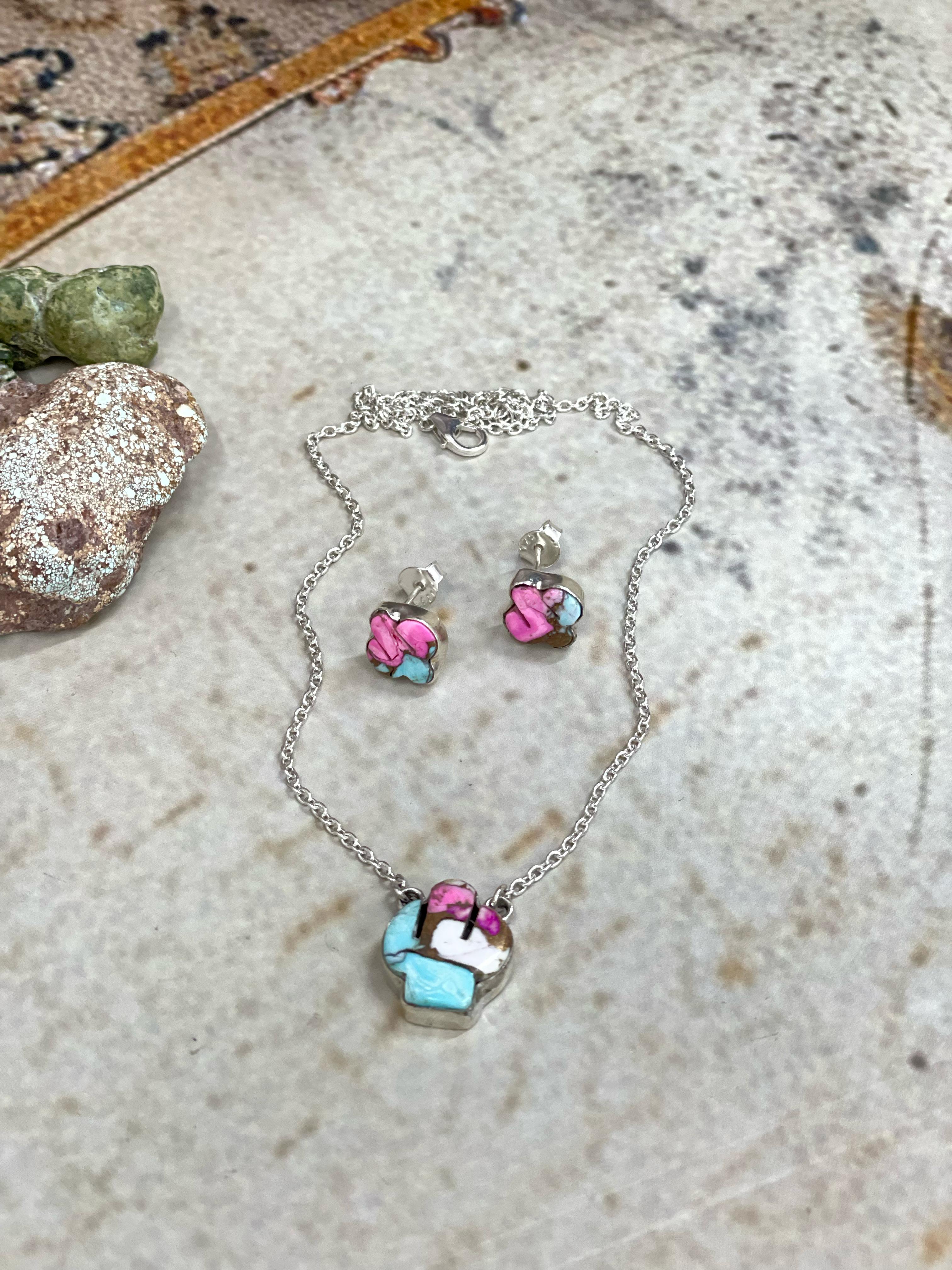 Handmade Sterling Silver Cotton Candy Turquoise Necklace Post Earring Set with Signed Nizhoni