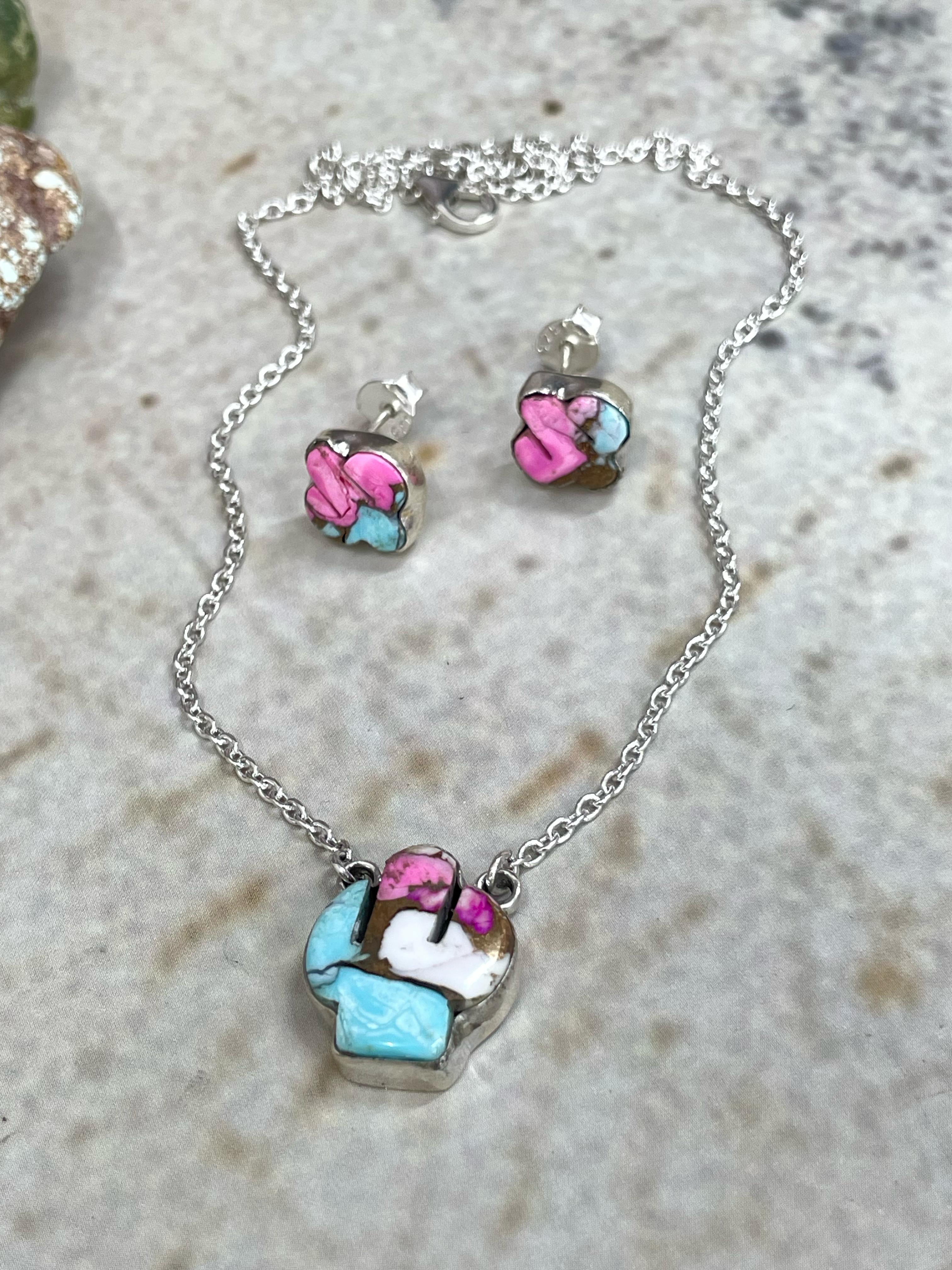 Handmade Sterling Silver Cotton Candy Turquoise Necklace Post Earring Set with Signed Nizhoni