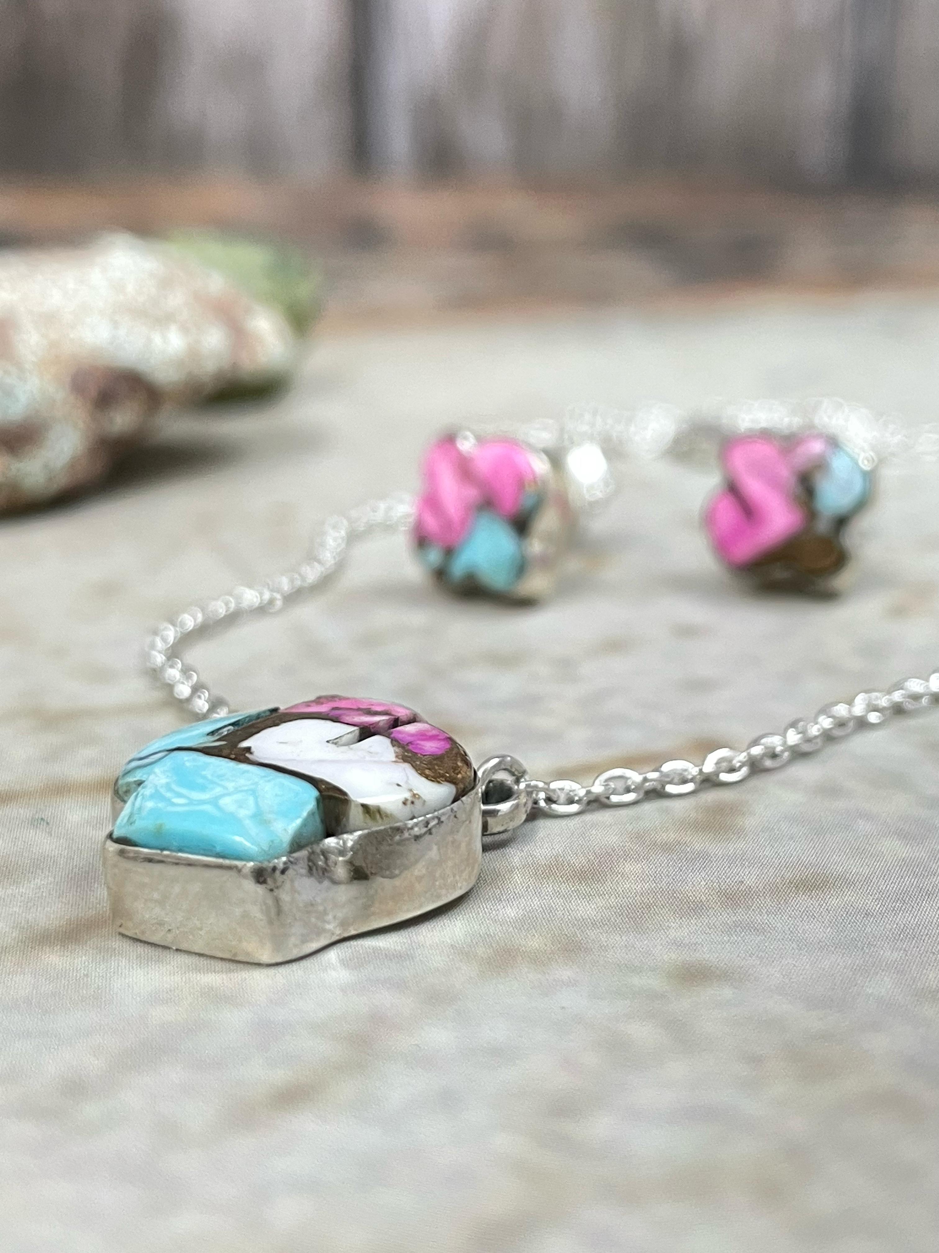 Handmade Sterling Silver Cotton Candy Turquoise Necklace Post Earring Set with Signed Nizhoni