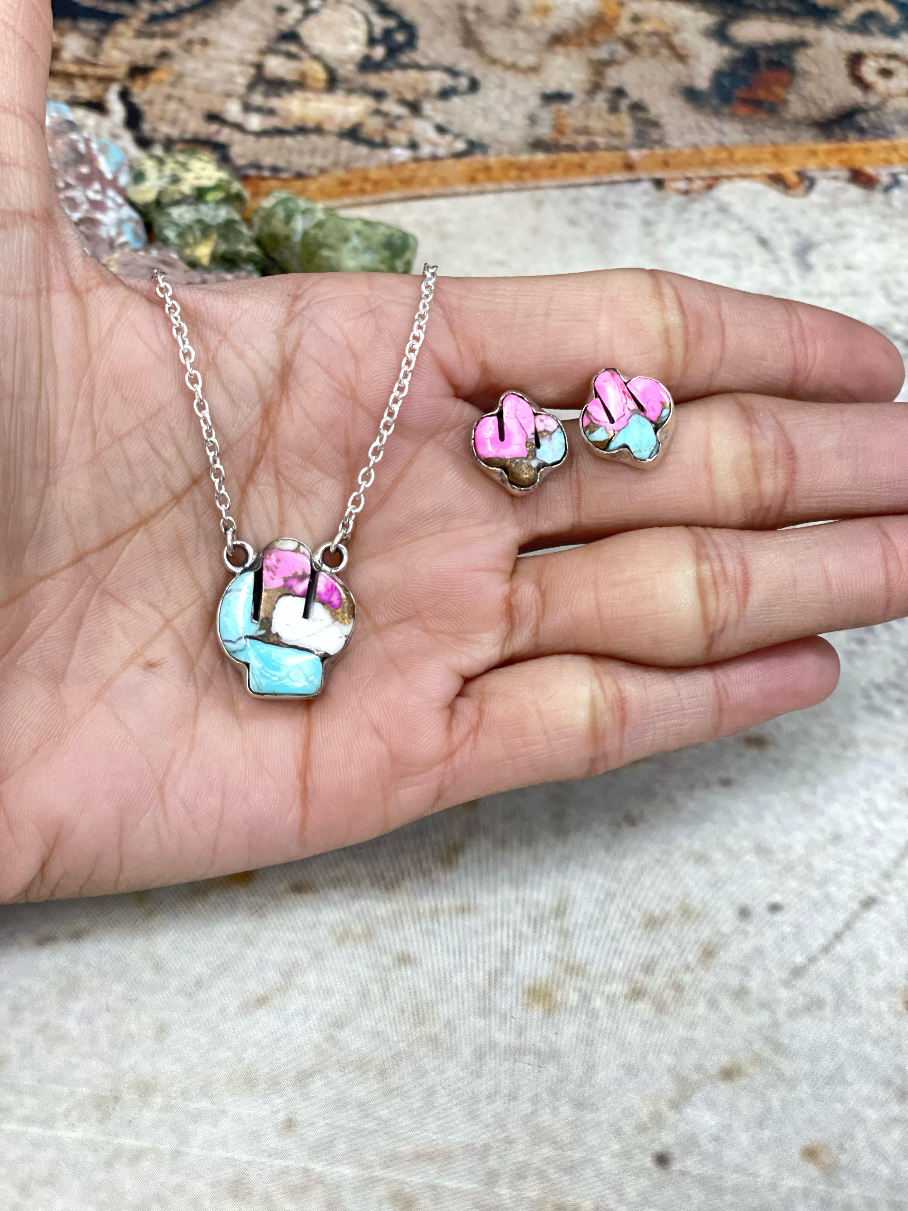 Handmade Sterling Silver Cotton Candy Turquoise Necklace Post Earring Set with Signed Nizhoni