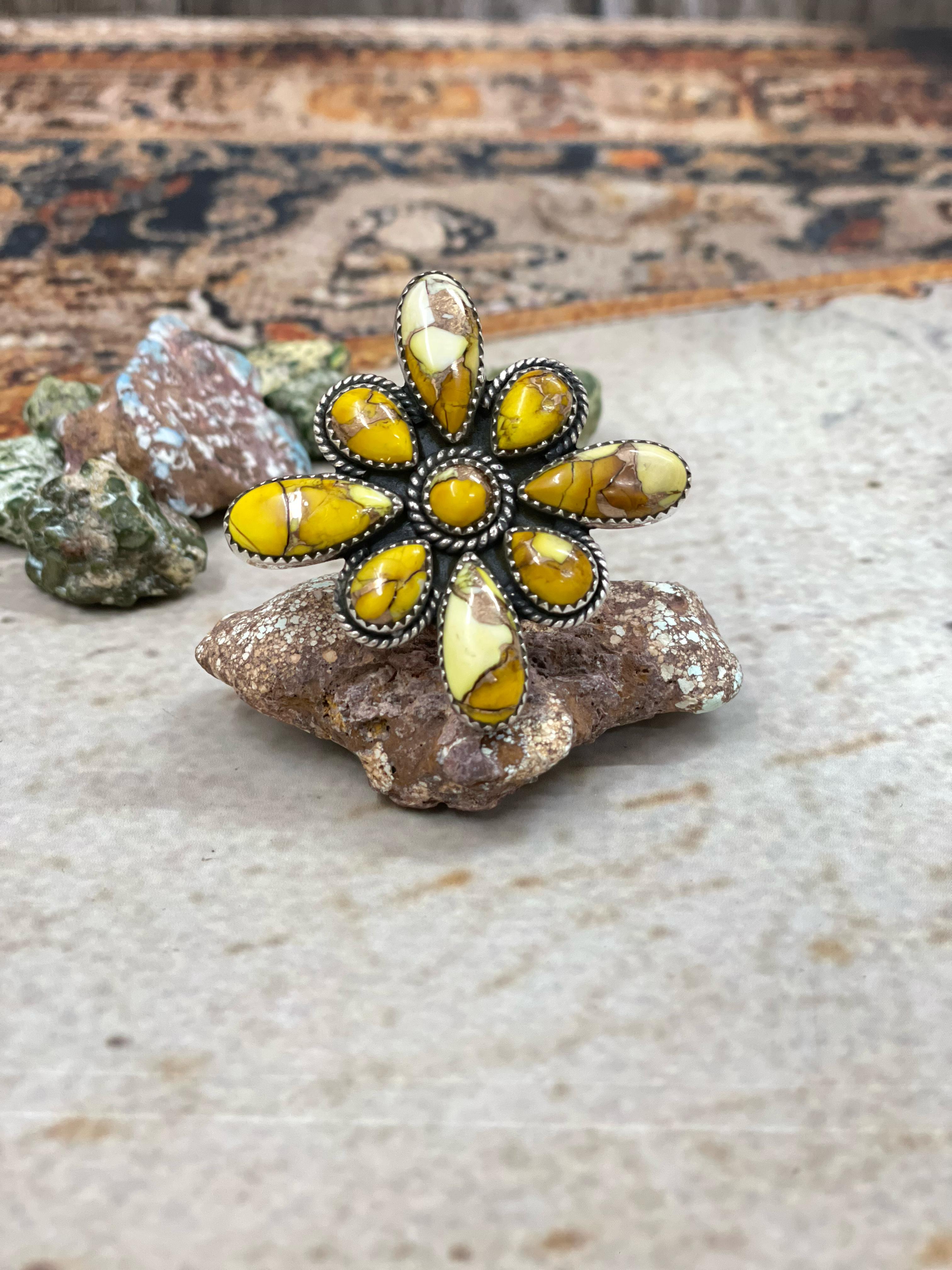 Handmade Sterling Silver Honey Dahlia Adjustable Flower Ring with Signed Nizhoni