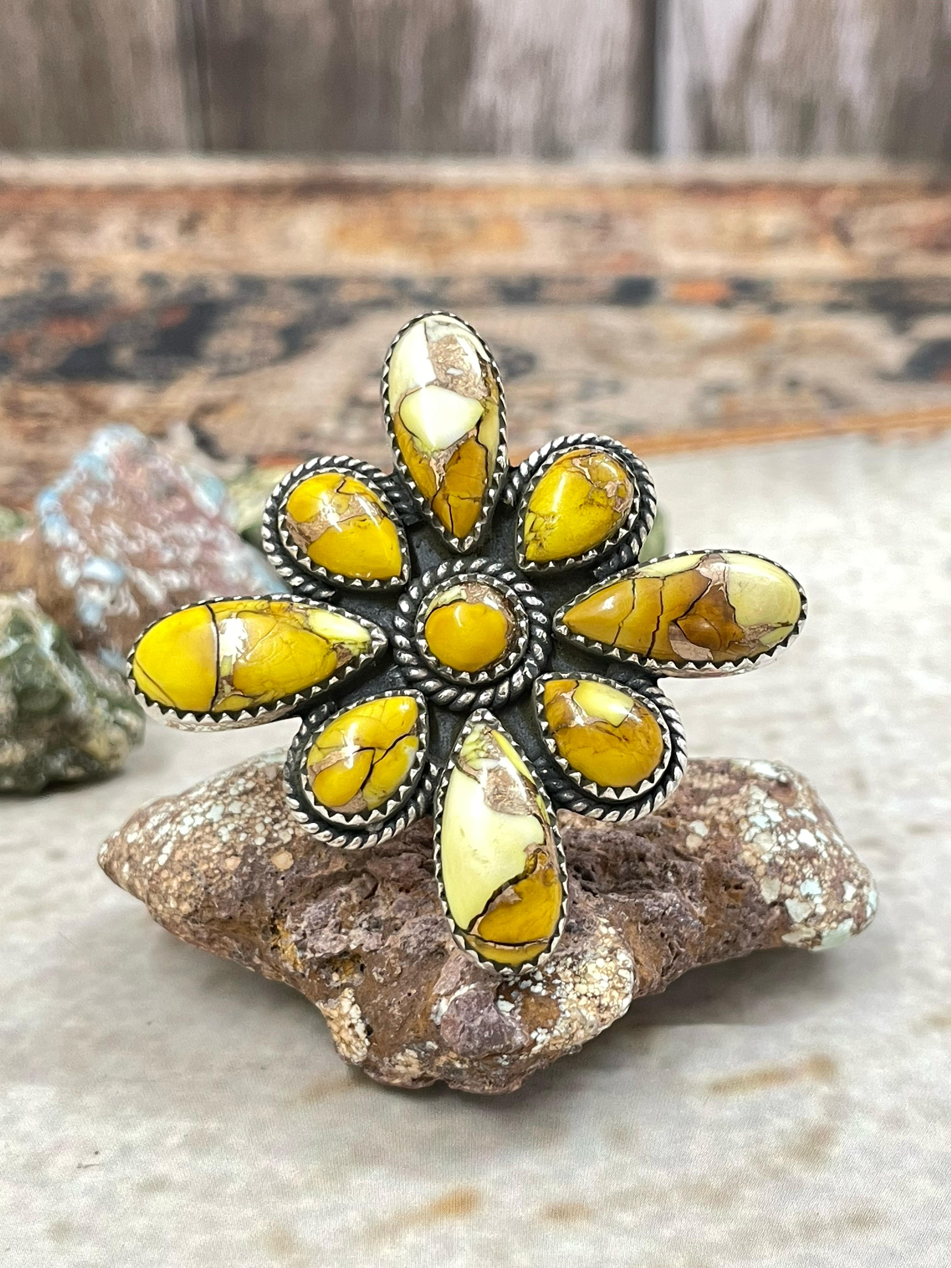 Handmade Sterling Silver Honey Dahlia Adjustable Flower Ring with Signed Nizhoni