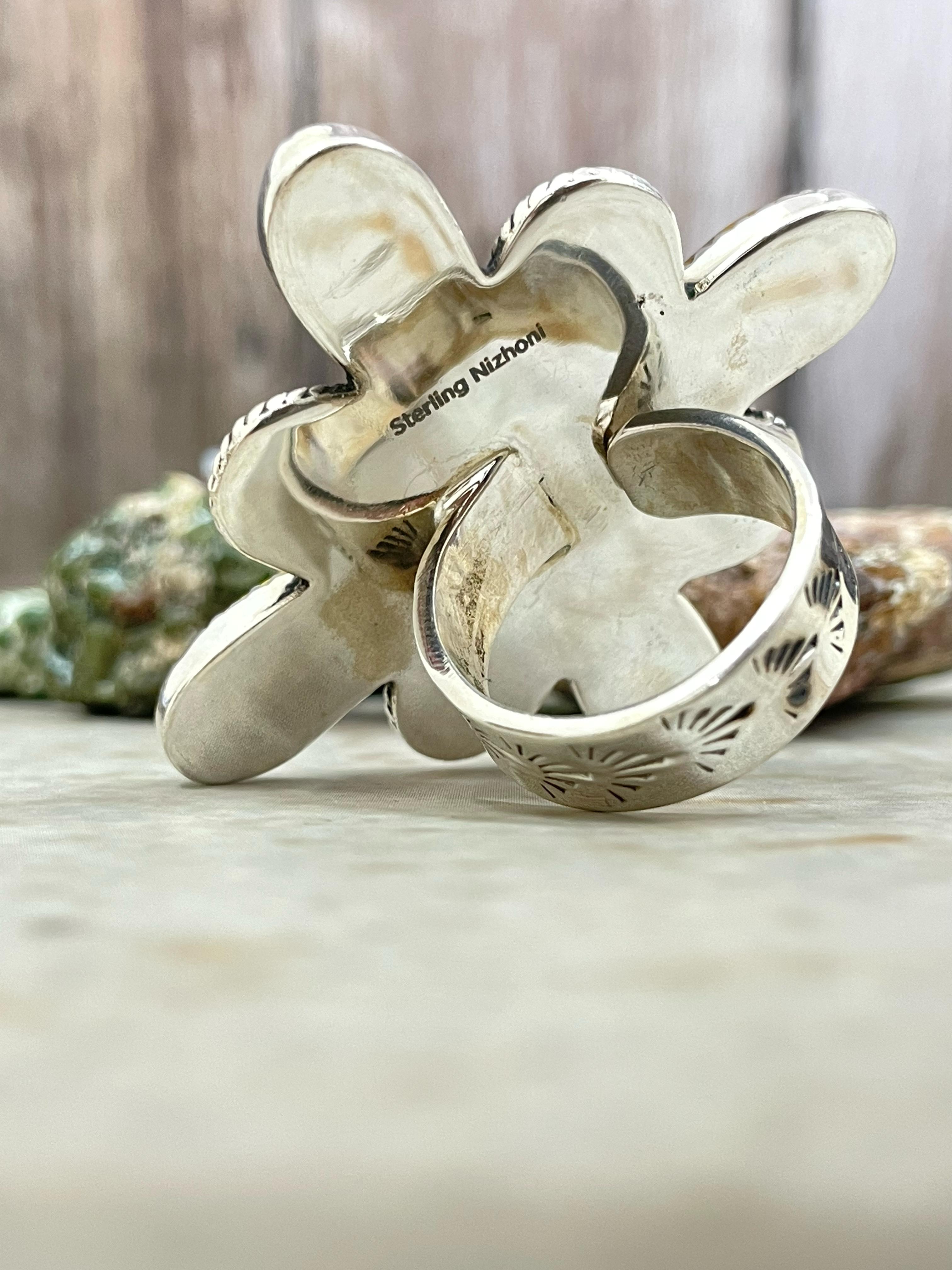 Handmade Sterling Silver Honey Dahlia Adjustable Flower Ring with Signed Nizhoni