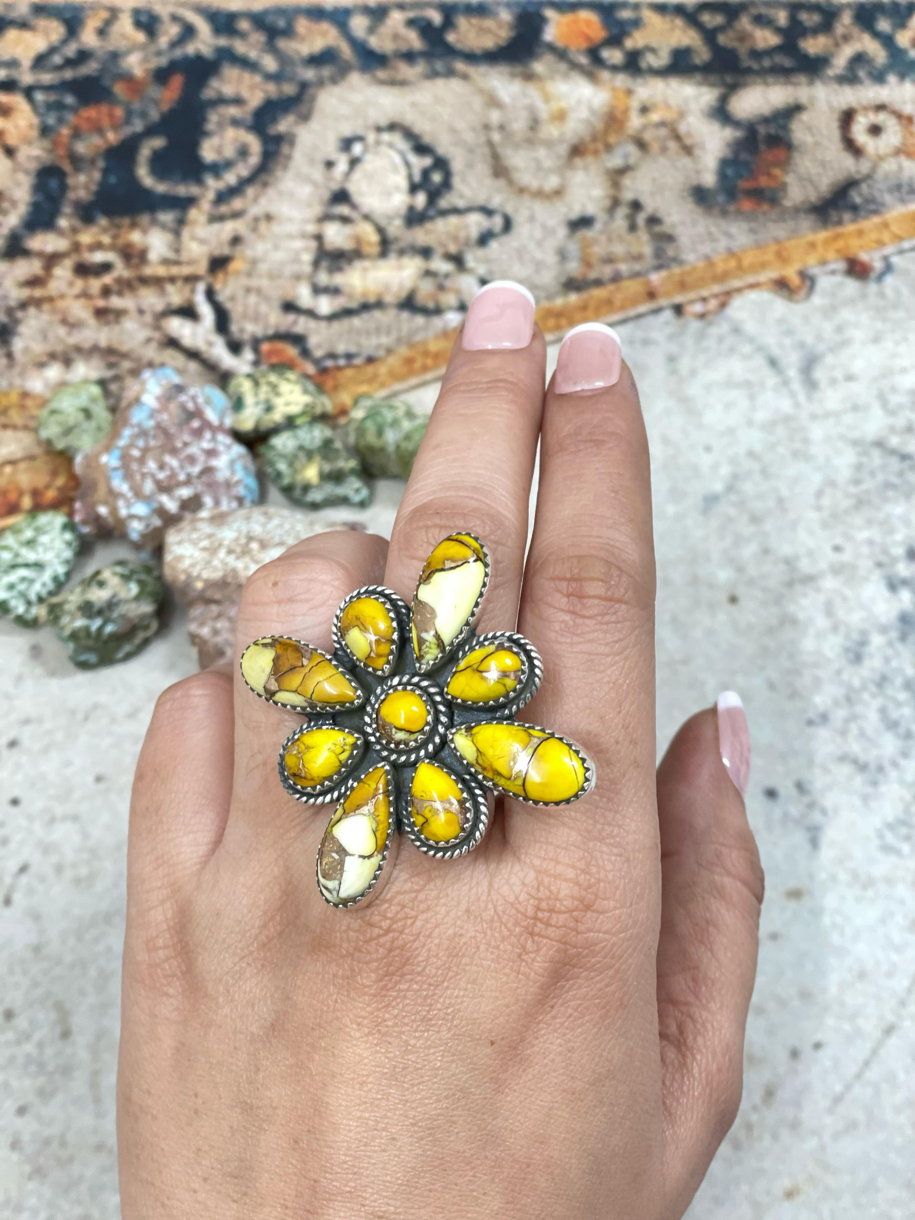 Handmade Sterling Silver Honey Dahlia Adjustable Flower Ring with Signed Nizhoni