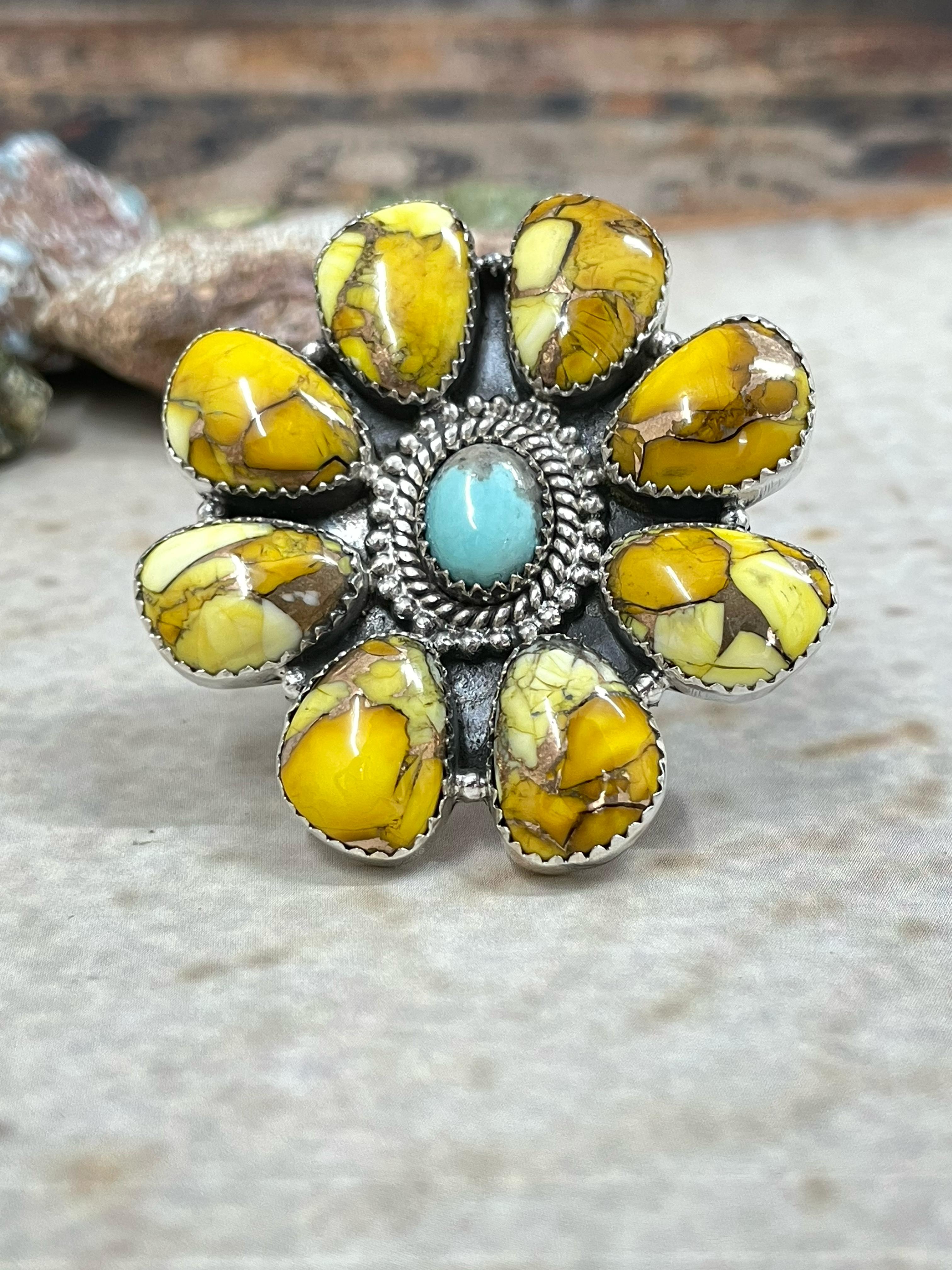 Handmade Sterling Silver Honey Dahlia with Kingman Turquoise Adjustable Ring with Signed Nizhoni