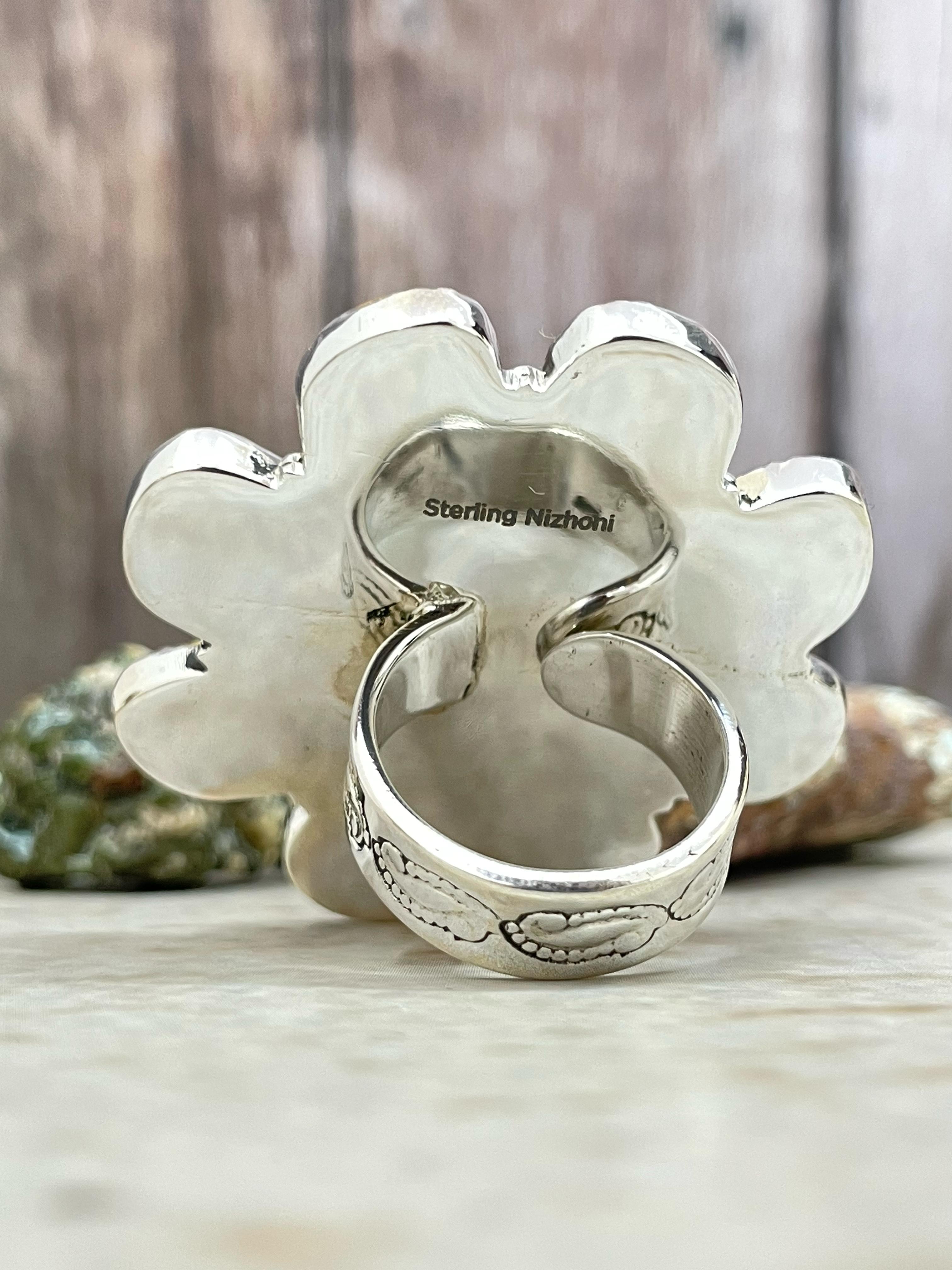 Handmade Sterling Silver Honey Dahlia with Kingman Turquoise Adjustable Ring with Signed Nizhoni