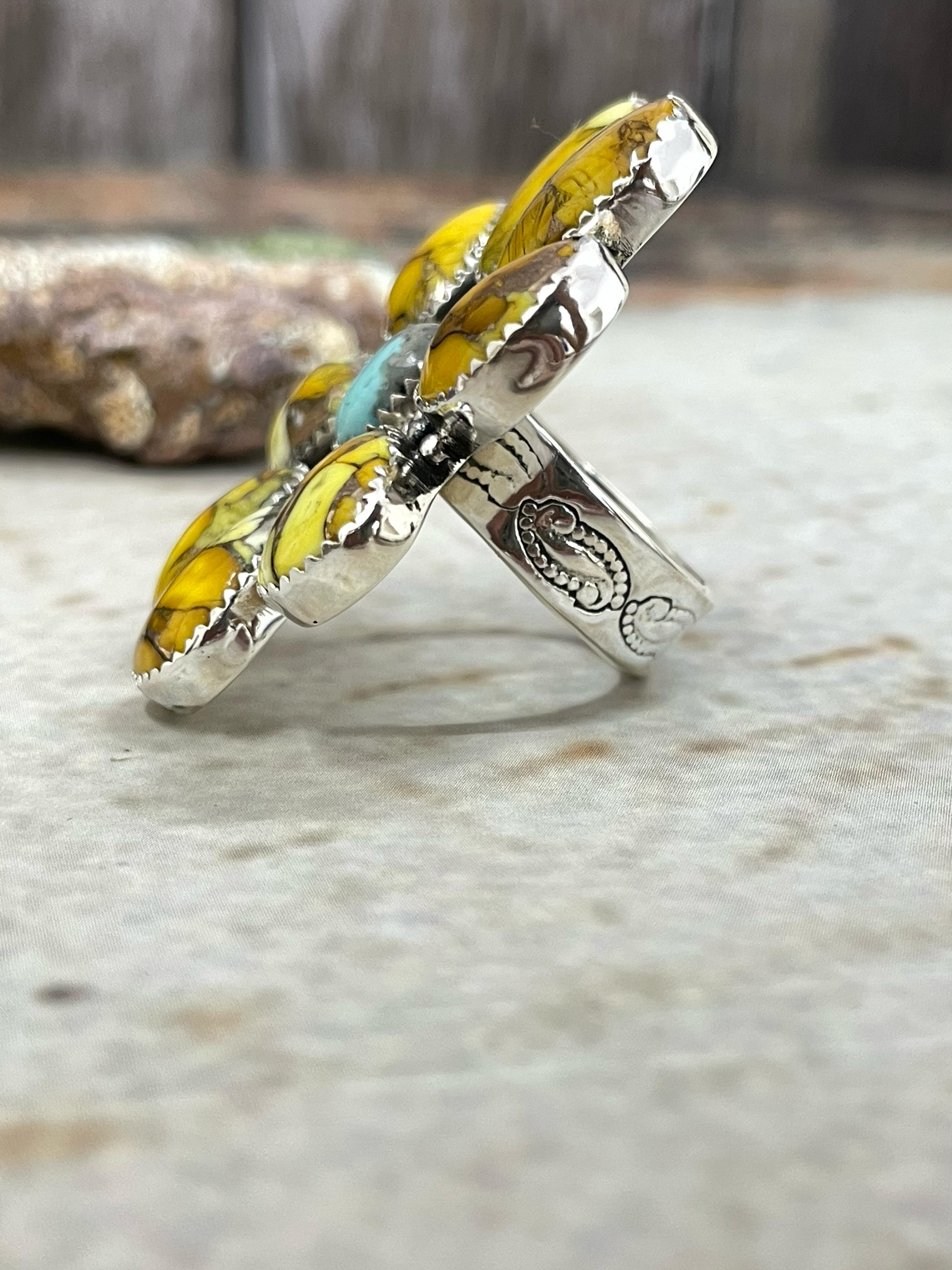 Handmade Sterling Silver Honey Dahlia with Kingman Turquoise Adjustable Ring with Signed Nizhoni