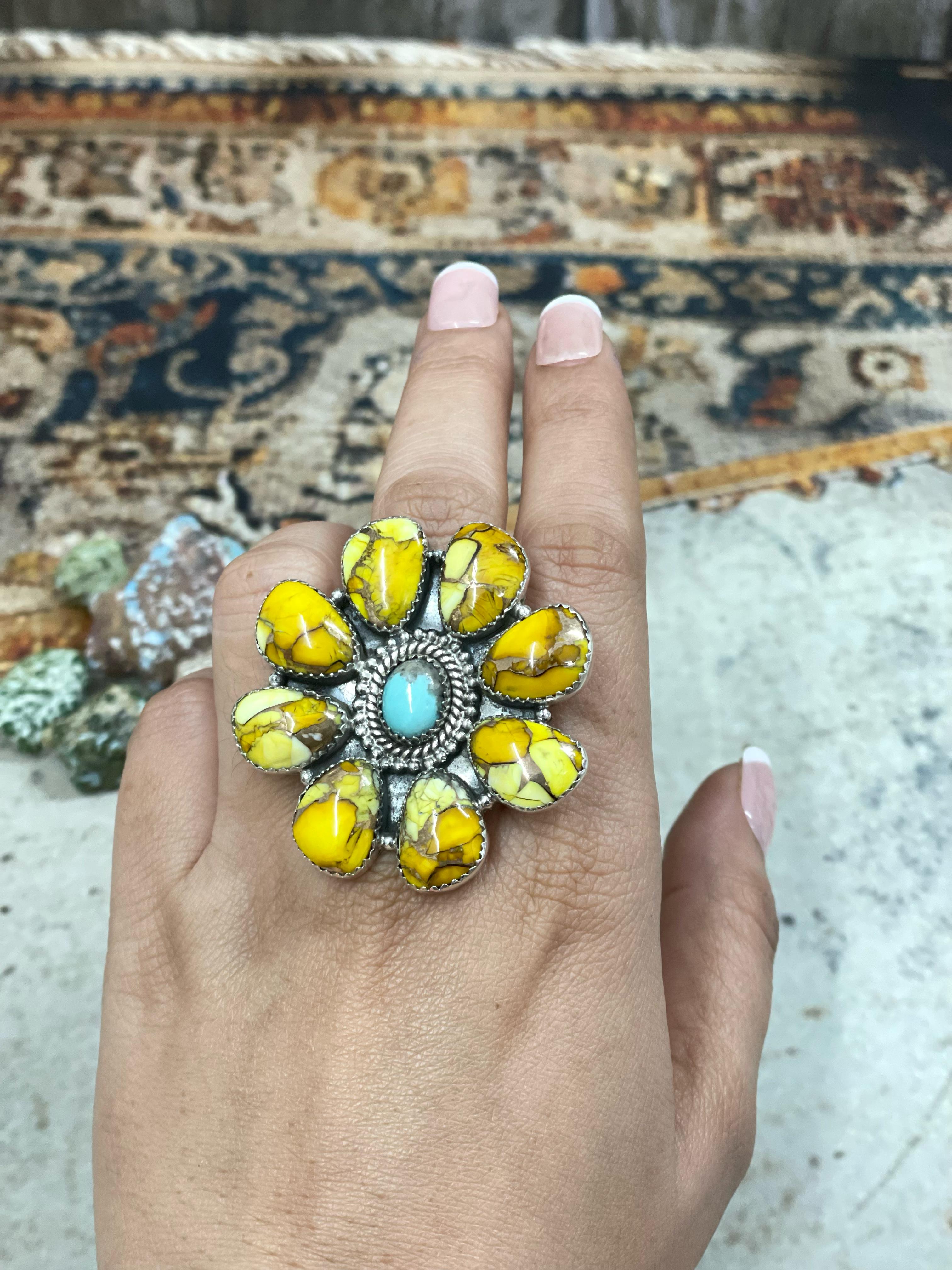 Handmade Sterling Silver Honey Dahlia with Kingman Turquoise Adjustable Ring with Signed Nizhoni