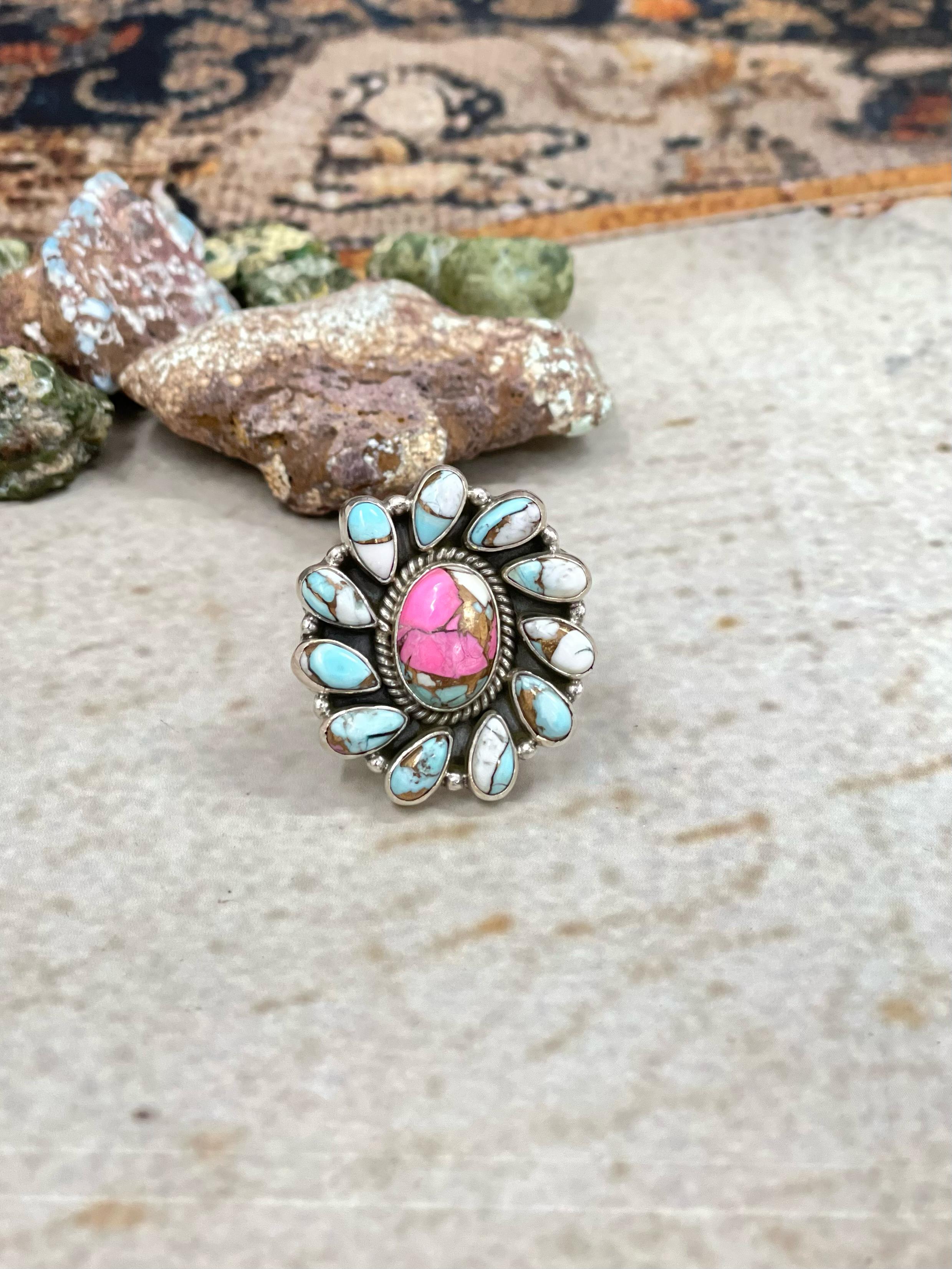 Handmade Sterling Silver Cotton Candy Adjustable Flower Ring with Signed Nizhoni