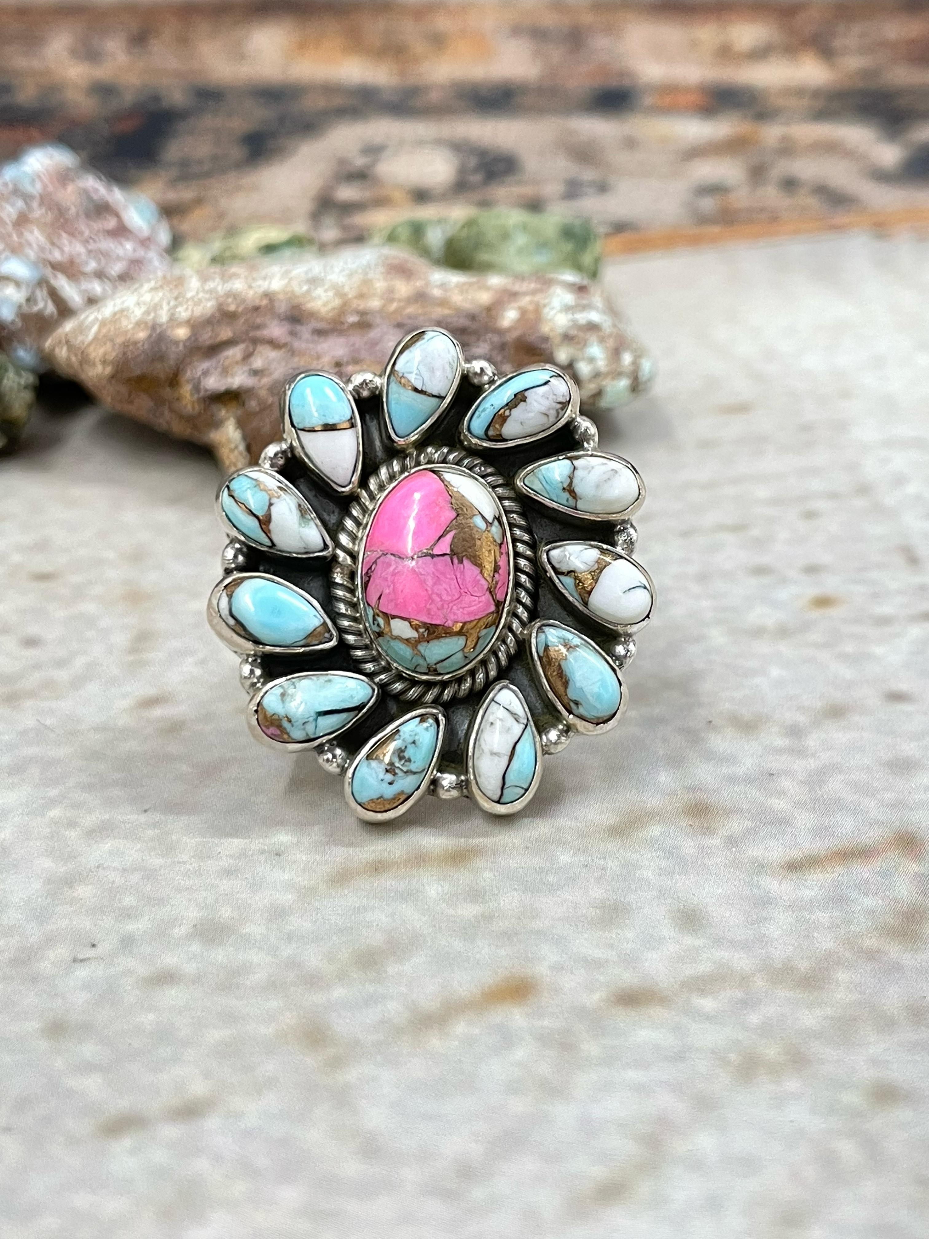 Handmade Sterling Silver Cotton Candy Adjustable Flower Ring with Signed Nizhoni