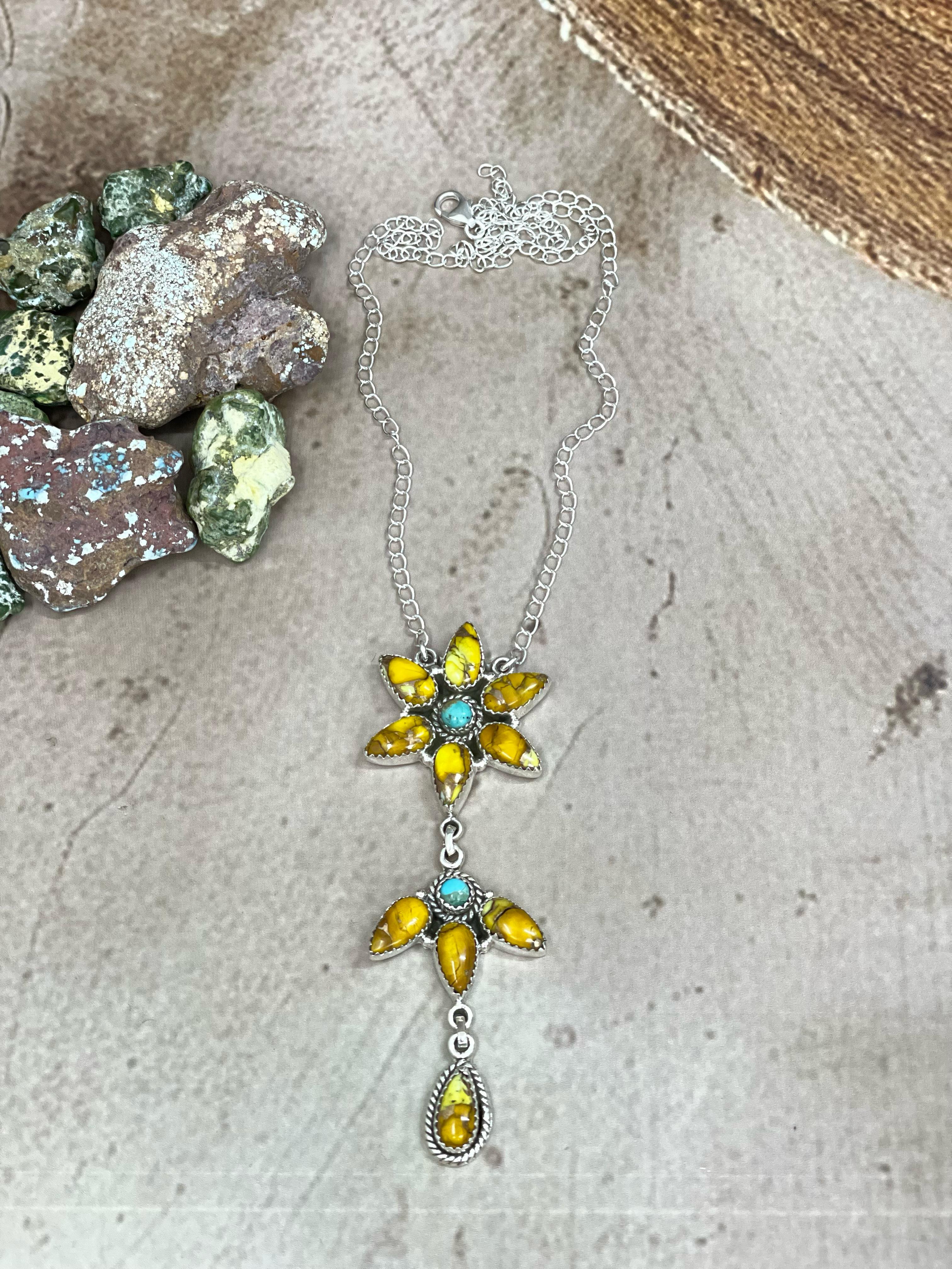 Handmade Sterling Silver Honey Dahlia with Kingman Turquoise Necklace, Signed Nizhoni