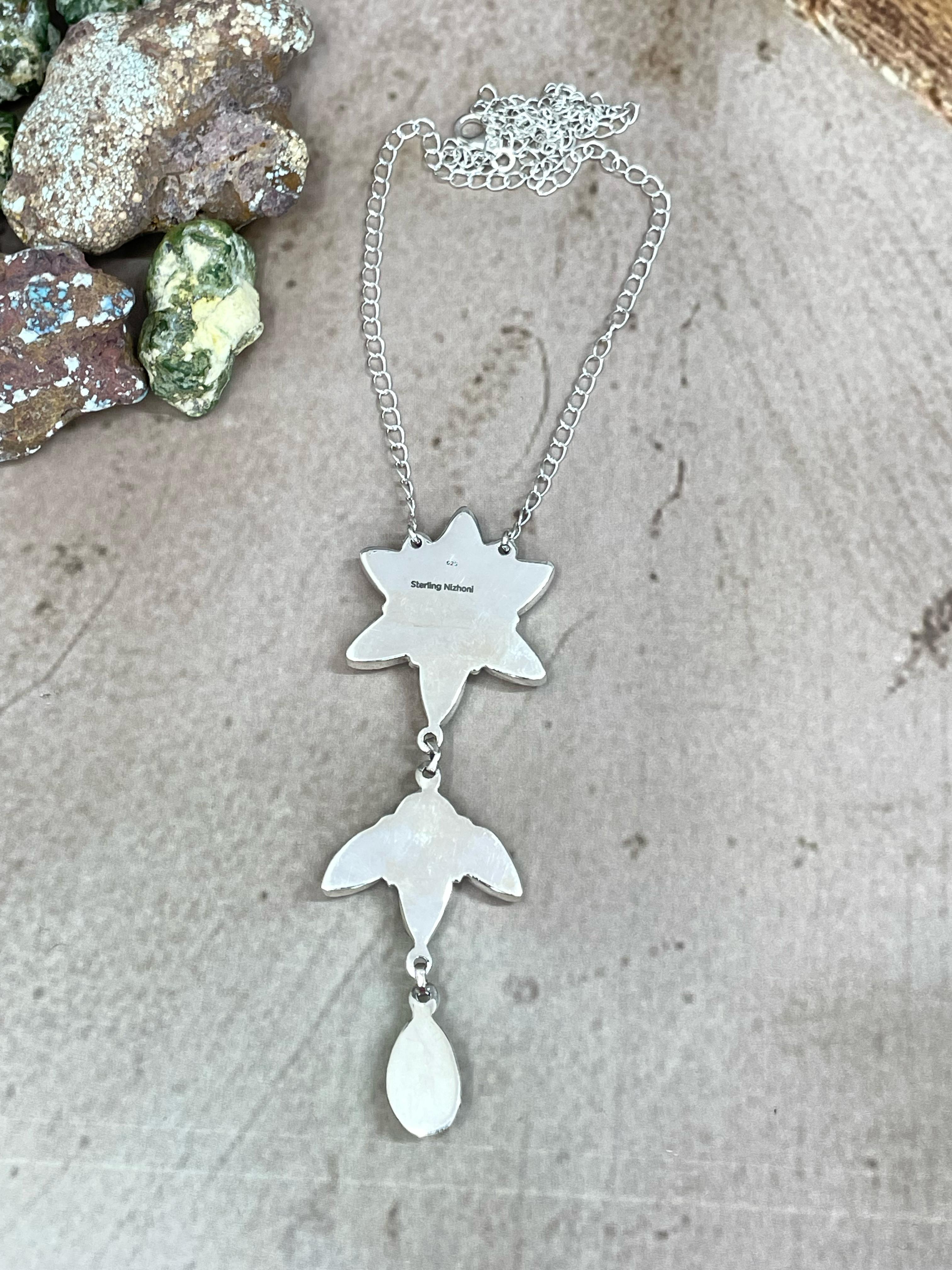 Handmade Sterling Silver Honey Dahlia with Kingman Turquoise Necklace, Signed Nizhoni